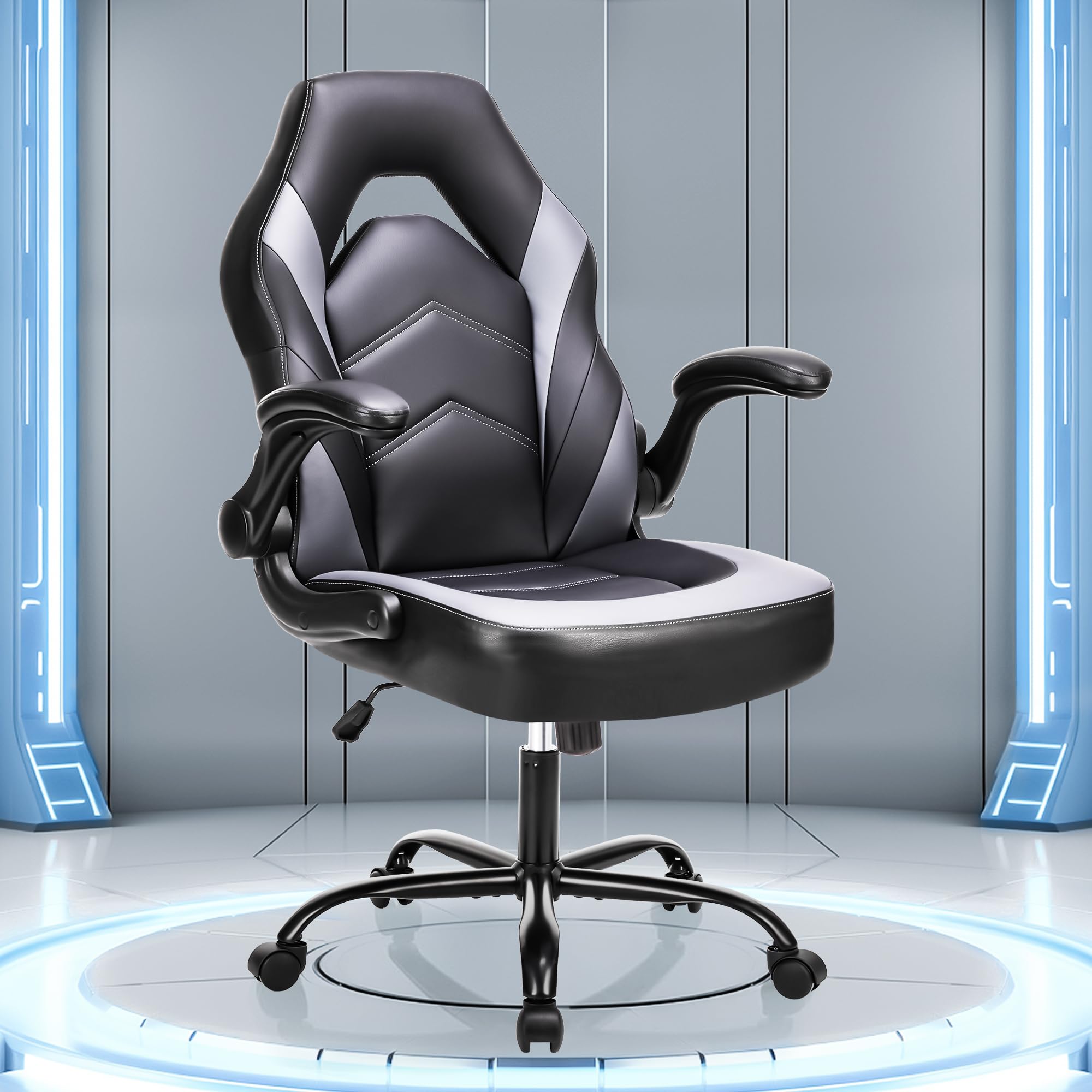 OLIXIS Computer Gaming Desk Chair - Ergonomic Video Game with Comfy Lumbar Support and headrest, PU Leather with Flip-up Arms, Adjustable Height and Swivel Wheels, for Adults, Black