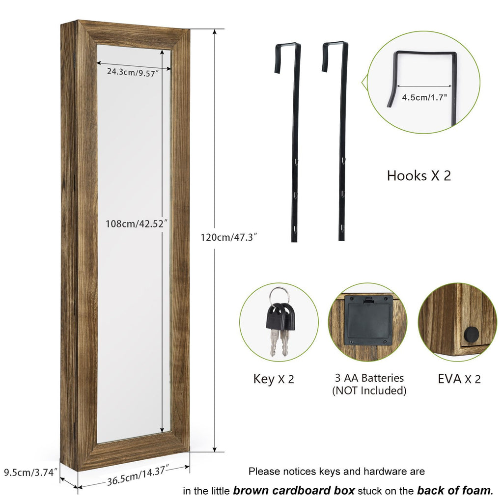 SRIWATANA Jewelry Armoire Cabinet, Solid Wood Standing Jewelry Organizer with Full Length Mirror (Carbonized Black)