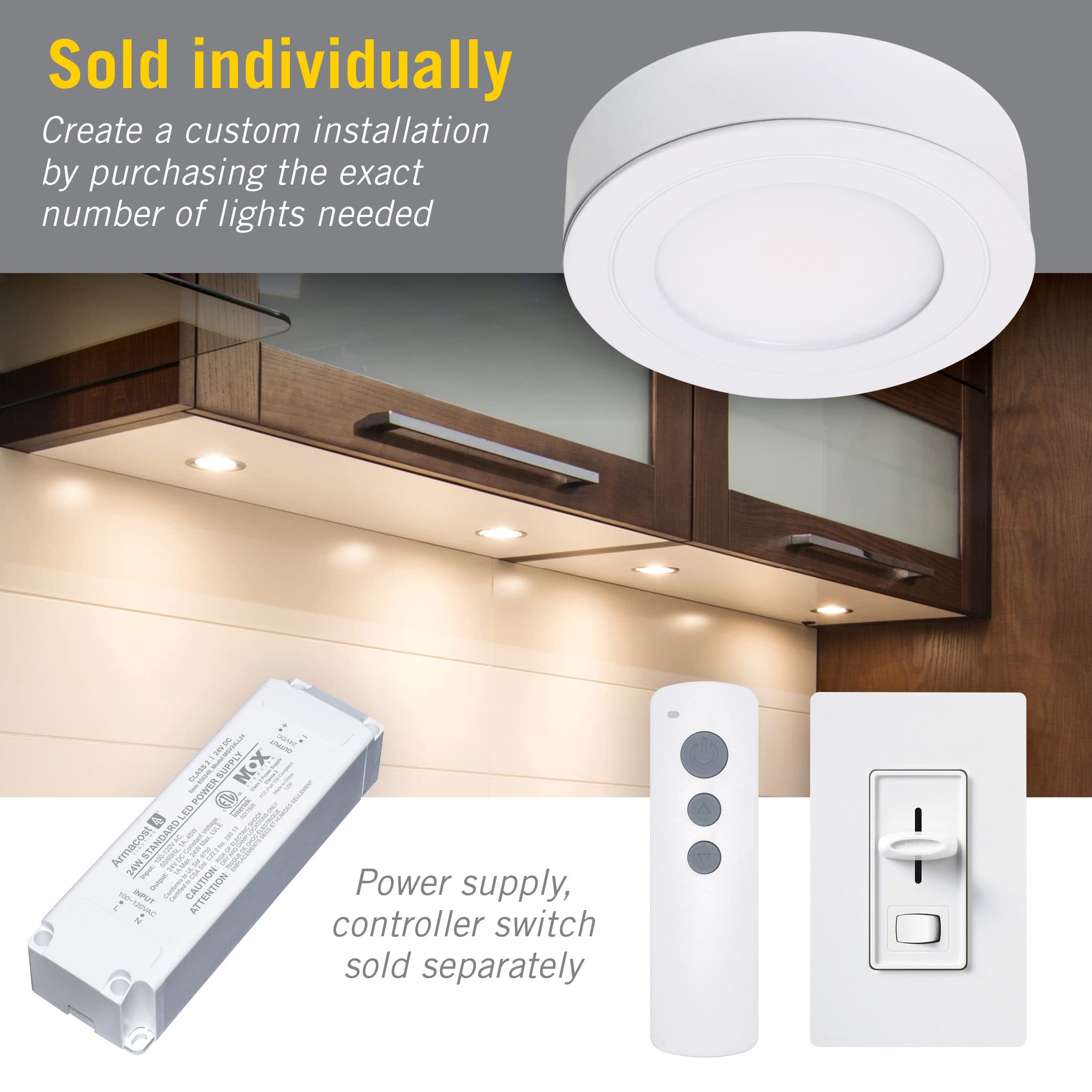 Armacost Lighting PureVue Dimmable Under Cabinet LED Puck Light, 4000K (Bright-White Light), 2.75 Inch, White Finish - 223412