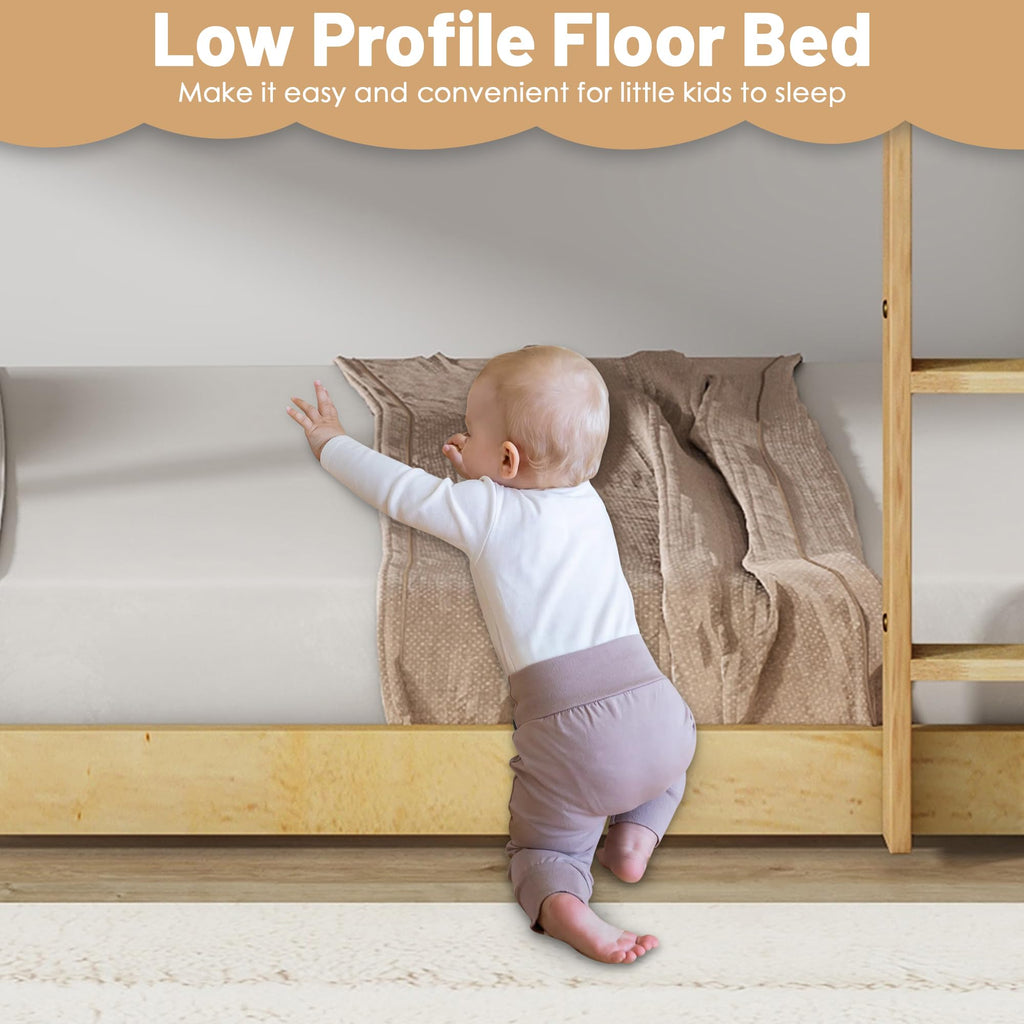 Bunk Bed Twin Over Twin, Wood Low Profile Floor Twin Bunk Beds with Headboard Ladder Guardrails for Kids Boys and Girls, No Box Spring Needed