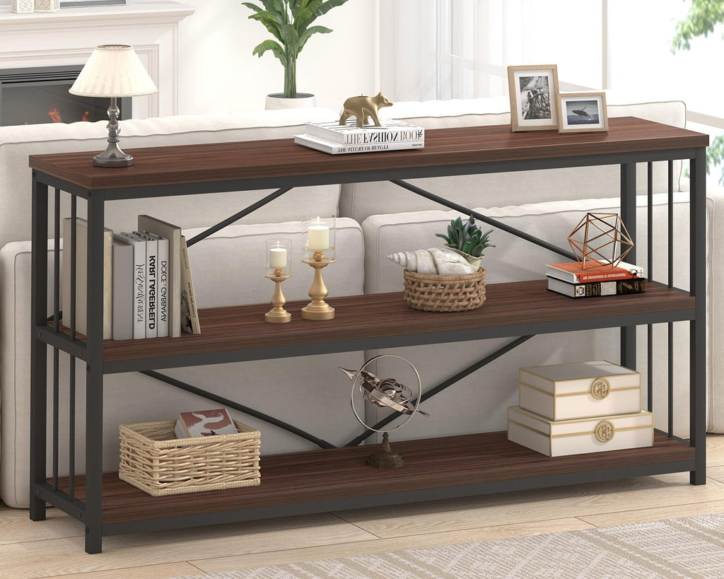 LVB Black Console Table, Modern Entryway Table for Hallway Living Room, Industrial Sofa Table Behind Couch, Farmhouse Wooden Metal Entry Table for Foyer with 3-Tier Storage Shelves, Black Oak, 55 Inch