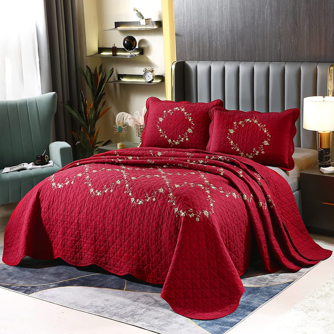 vctops 3-Piece Floral Embroidered Bedspread Coverlet Set Twin Size 100% Cotton Reversible Patchwork 1 Quilt and 2 Pillow Shams (Flower,Twin)
