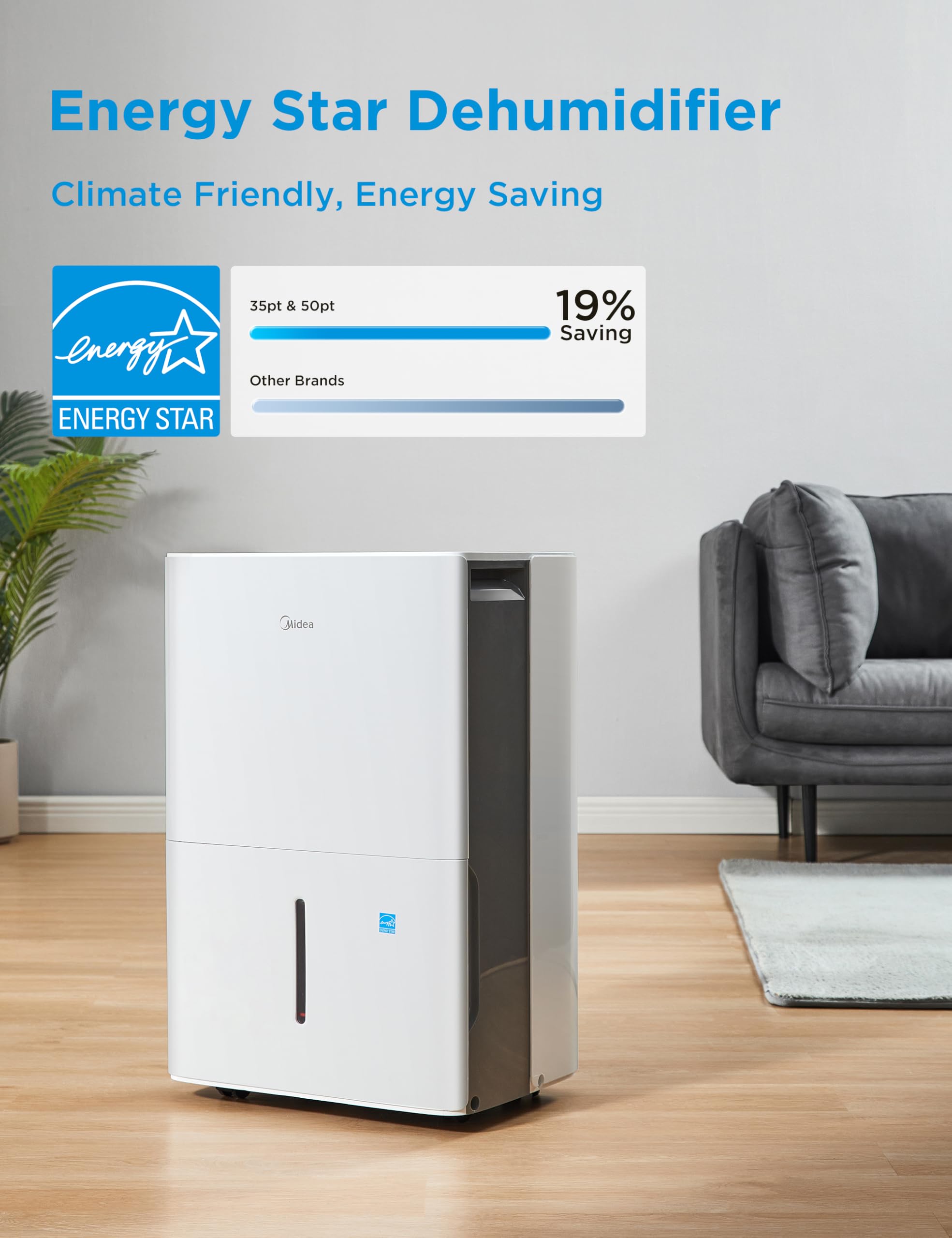 Midea 4,500 Sq. Ft. Energy Star Certified Dehumidifier with Pump Included Wi-Fi Enabled 50 Pint 2025 DOE - Ideal for Basements, Large & Medium Sized Rooms, and Bathrooms