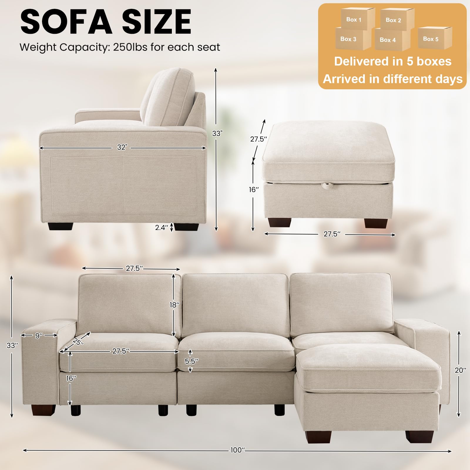 TEKAMON 100" Modular Sectional Sofa with Seats Storage, L Shaped Couch with Movable Ottoman for Living Room, Couch with Chaise, Solid Wood Frame, Spring Cushions, USB Port, Removable Covers, Beige