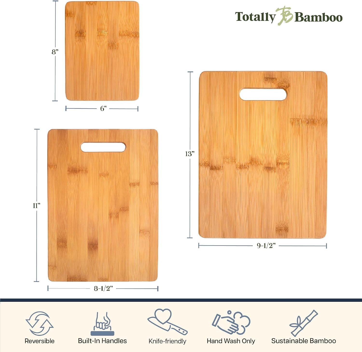Totally Bamboo 3-Piece Bamboo Cutting Board Set, Wood Cutting Boards for Kitchen, Reversible Chopping Boards in Small, Medium, and Large Sizes