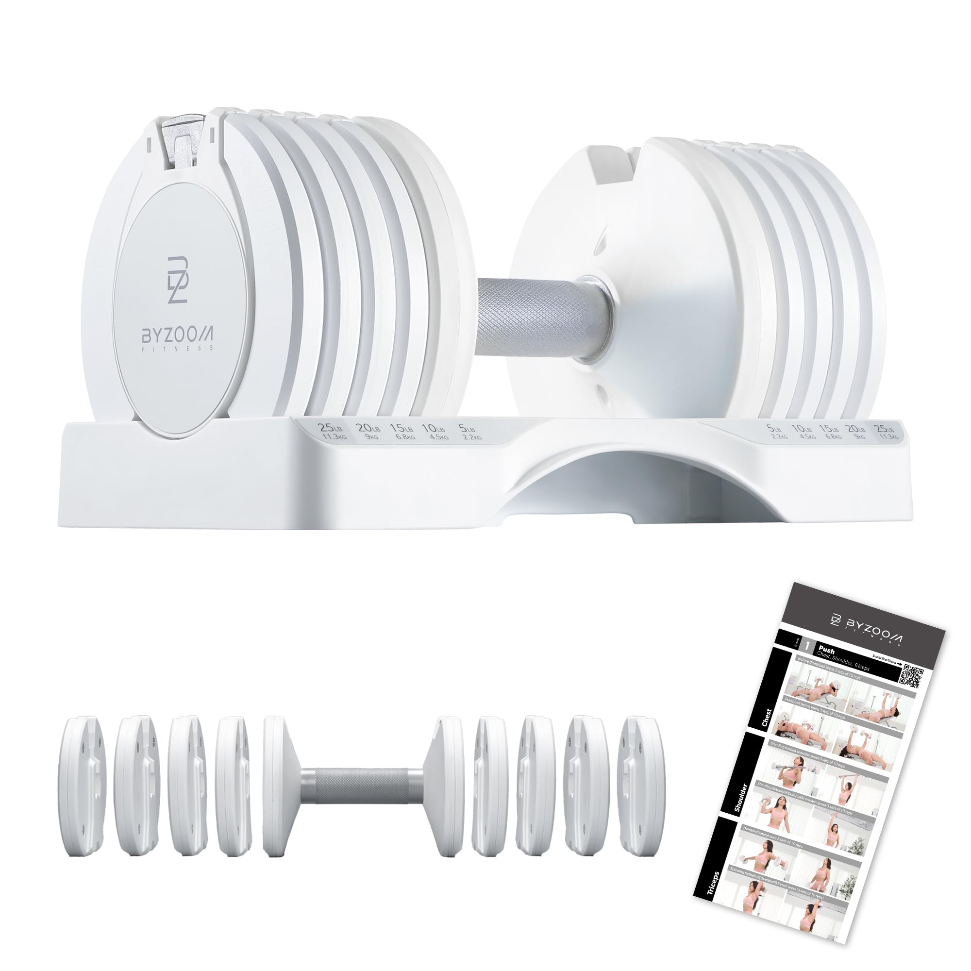 BYZOOM FITNESS Pure Series Adjustable Dumbbell - 12.5/25/27.5/50/55/75lb - ONE UNIT OR PAIR(check QTY before purchase) - 5-in-1/ 10-in-1 / 15-in-1 / 21-in-1 Flexible Hand Weights for Home Apartment Garage Gym, Strength Training & Fitness Workouts, White O