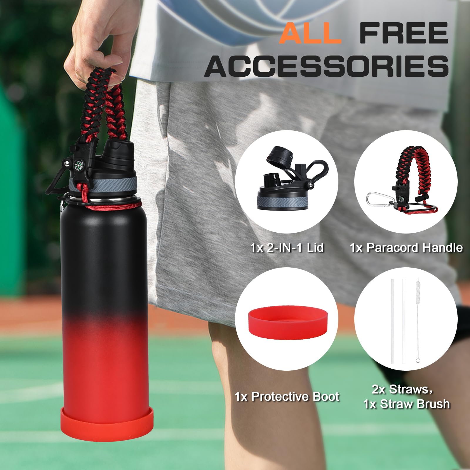 GAZLEMHO 40 oz Insulated Water Bottle with Straw& Spout 2-in-1 Lid, Triple Wall Vacuum Stainless Steel Cold 48H, Leak Proof Sports Metal Flask Jug with Paracord Handle, Black