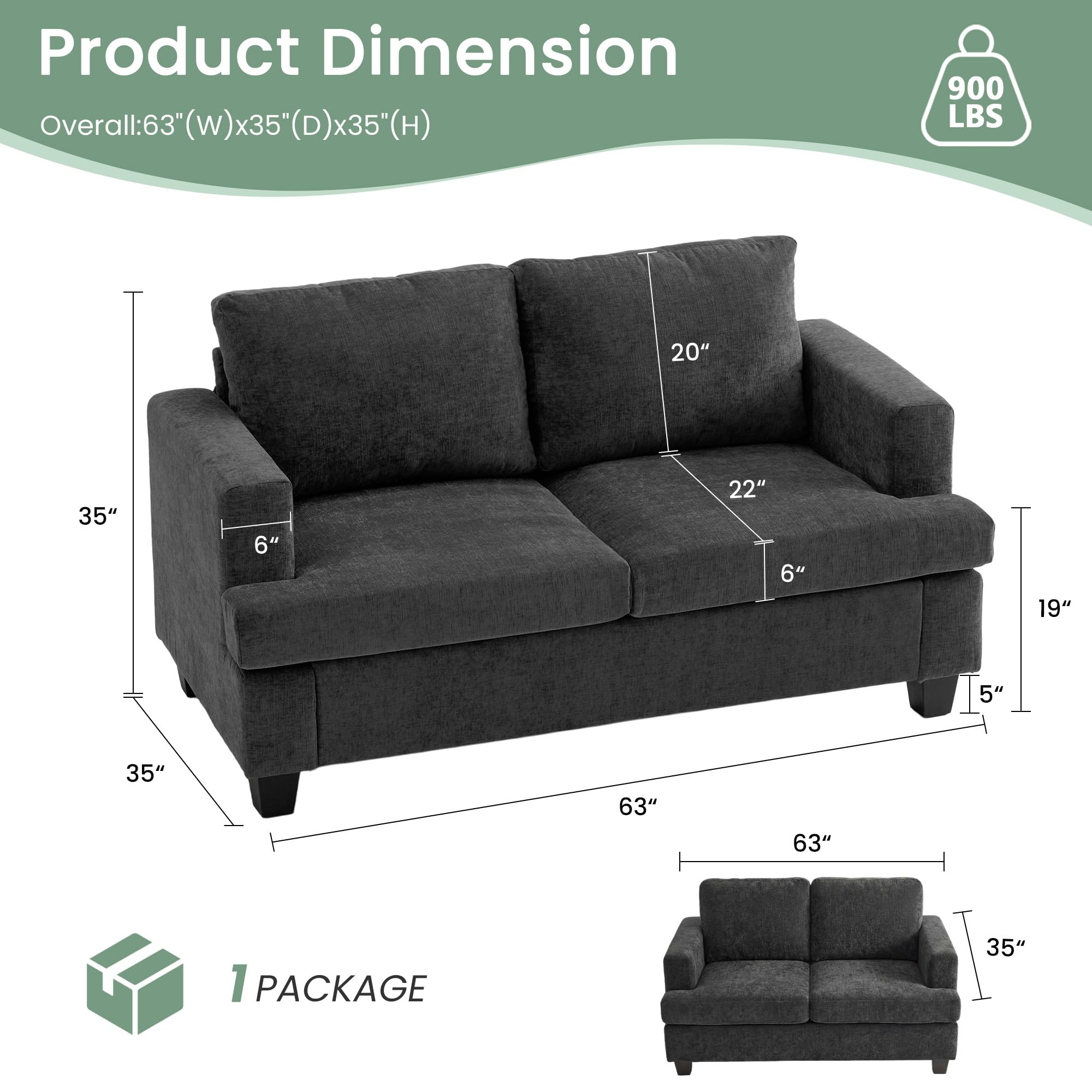 YOUDENOVA 2 Piece Set Comfy Sofa Couch, Loveseat Sofa * 2 with Deep Seats, Modern Sleeper Couch for Living Room, Black Corduroy