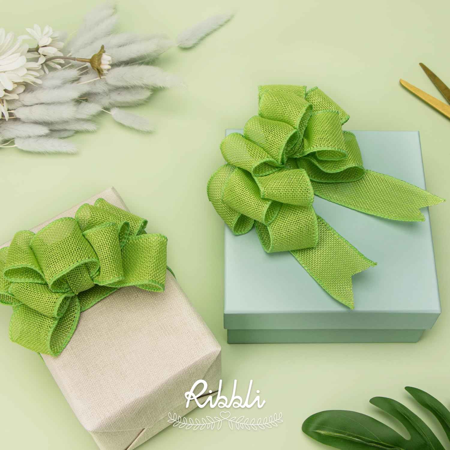 Ribbli Cinta con alambre de arpillera verde manzana, 1-1/2 pulgadas x 10 yardas, cinta con borde con alambre para lazo grande, corona, decoración de árbol, decoración al aire libre