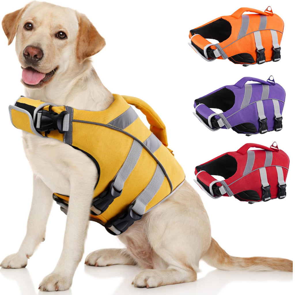 Kuoser Dog Life Jacket with Reflective Stripes, Dog Life Vest for Swimming Boating, Adjustable Pet Lifejackets with High Flotation, Doggie Swimsuit for Small Medium Large Dogs
