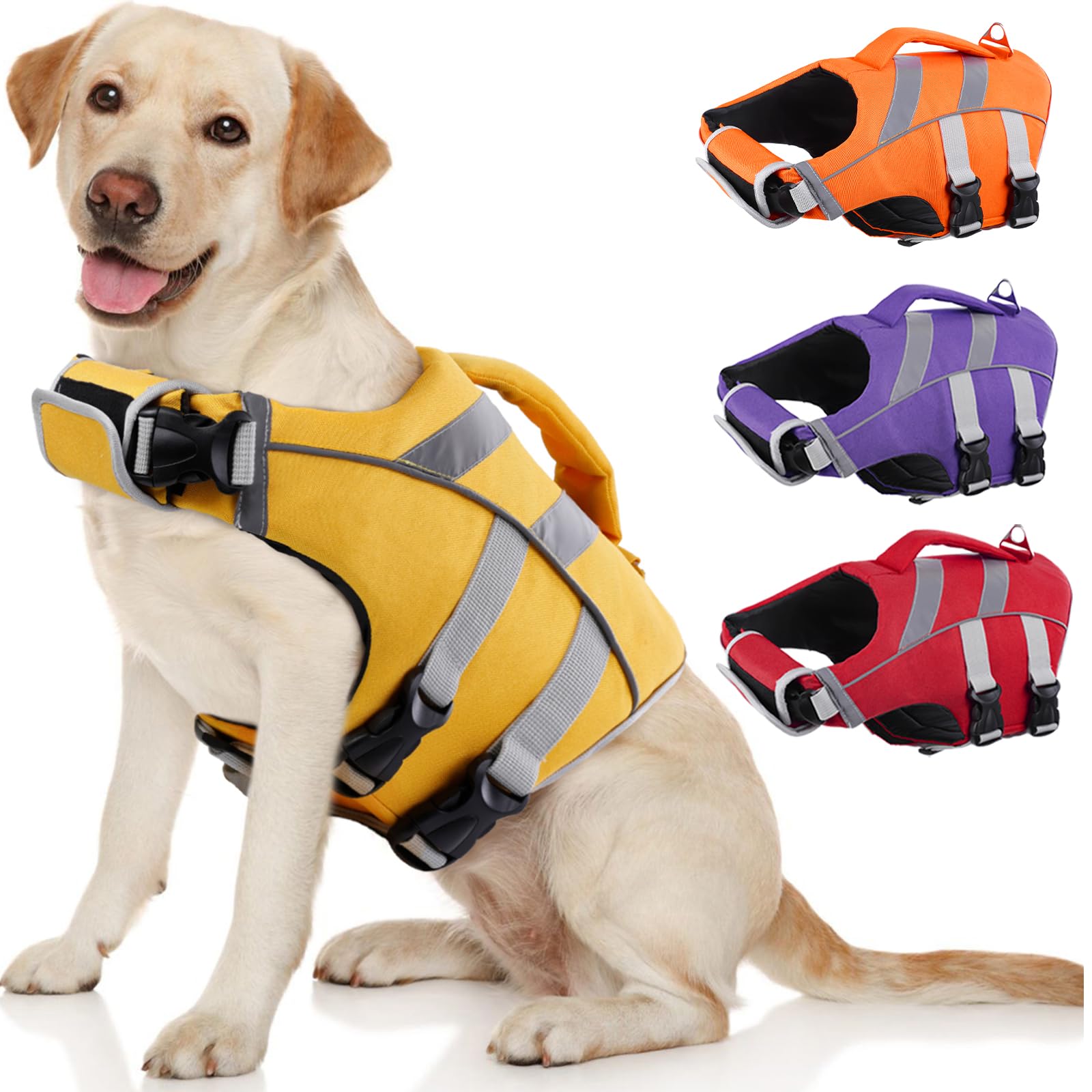 Kuoser Dog Life Jacket with Reflective Stripes, Dog Life Vest for Swimming Boating, Adjustable Pet Lifejackets with High Flotation, Doggie Swimsuit for Small Medium Large Dogs