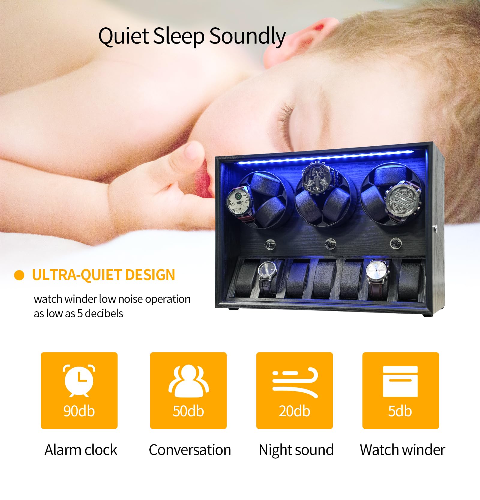 Oryx Watch Winder for 4/6/9 Automatic Watches, Rotating Watch Box 5 Rotation Modes Setting Display Case with Extra Watch Storages and LED Light, Lockable Winders USB Powered Super Quiet Mabuchi Motor
