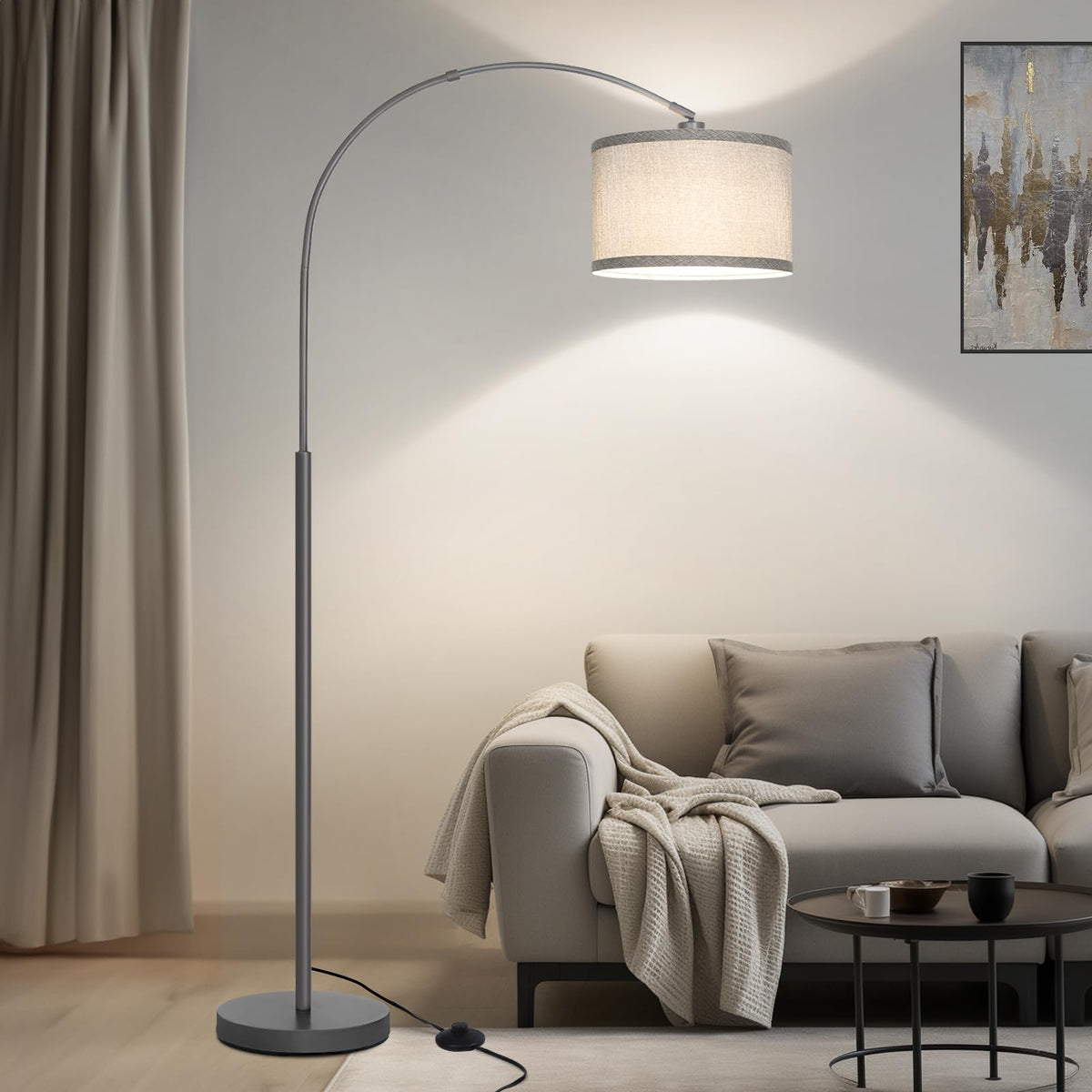 Rattan Floor Lamp, Arc Floor Lamps for Living Room, Farmhouse Standing Lamp with Adjustable Hanging Fabric Shade, Tall Pole Lamp with Foot Switch, Over Couch Arched Reading Light for Bedroom, Office