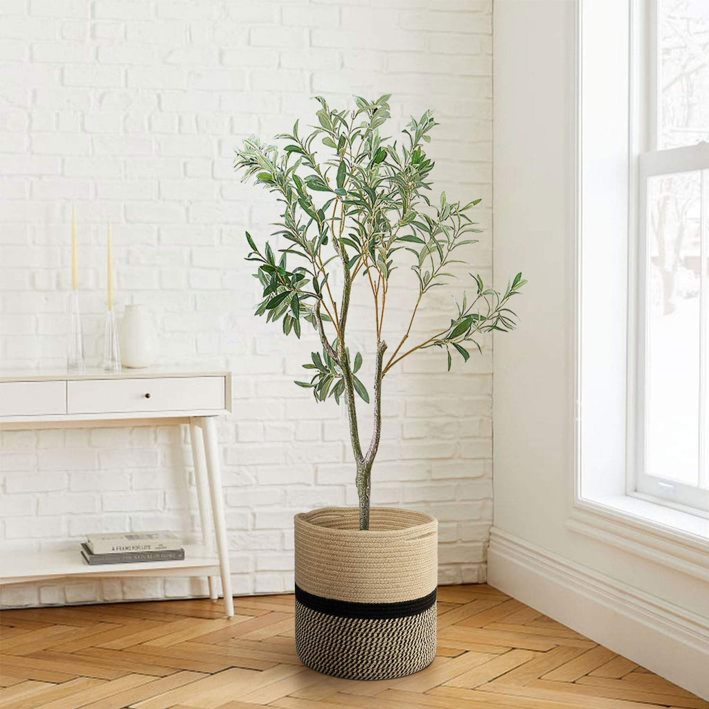 TIMEYARD Sturdy Jute Rope Plant Basket Modern Woven Basket up to 7.5 Inch Flower Pot Floor Indoor Planters, 8” x 8” Storage Organizer Baskets Rustic Home Decor, Black Stripes