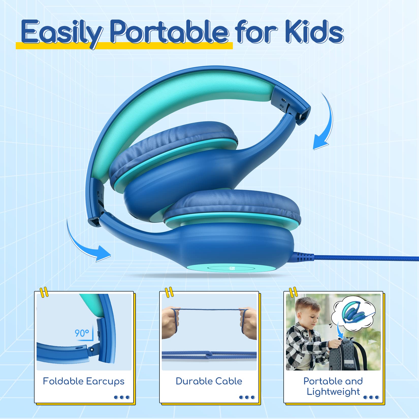 EarFun K1 Kids Headphones Wired with Microphone, 85/94dB Volume Limit Headphones for Kids, Portable Wired Headphone with Shareport, Stereo Sound Foldable Headset for School/Tablet/iPad, Black Red