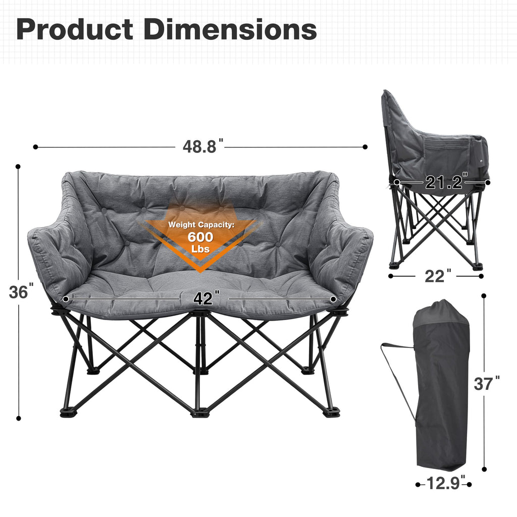 Double Camping Chair Heavy Duty Oversized Padded Loveseat for Adults 2 Person Outdoor Portable Camping Chairs for Lawn, Backyard, Fishing, Trip, Support 600lbs, Grey