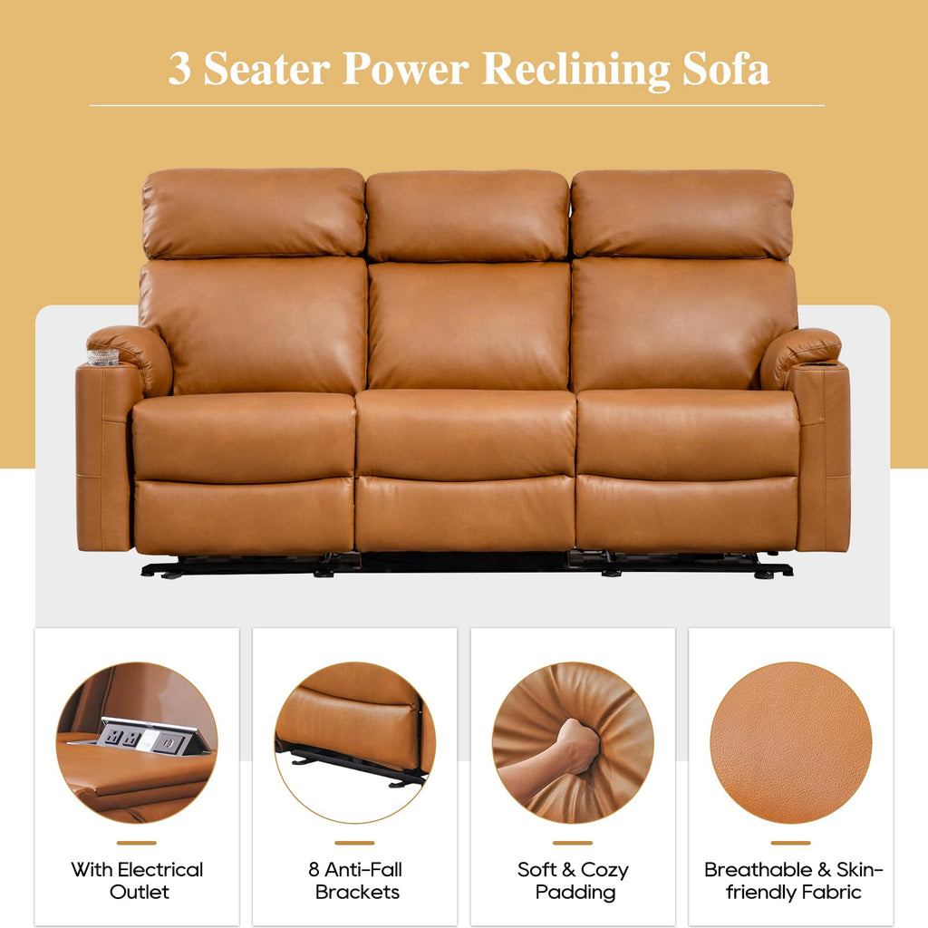 Power Reclining Sofa - 3 Seater Recliner Sofás, PU Leather Sofa, Home Theater Seating with Flipped Middle Backrest, Power Recliner Couch for Living Room(Brown)