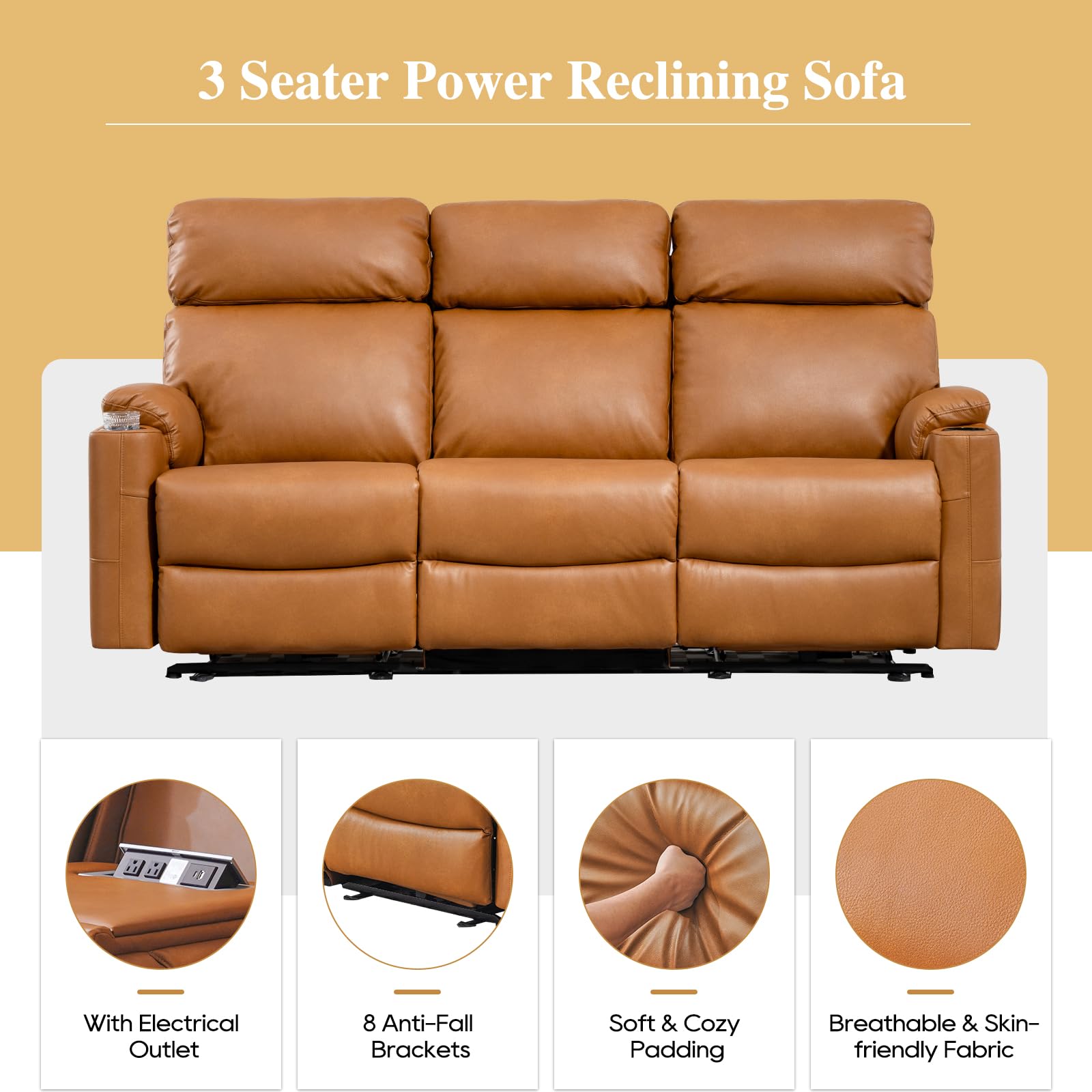 Power Reclining Sofa - 3 Seater Recliner Sofás, PU Leather Sofa, Home Theater Seating with Flipped Middle Backrest, Power Recliner Couch for Living Room(Brown)