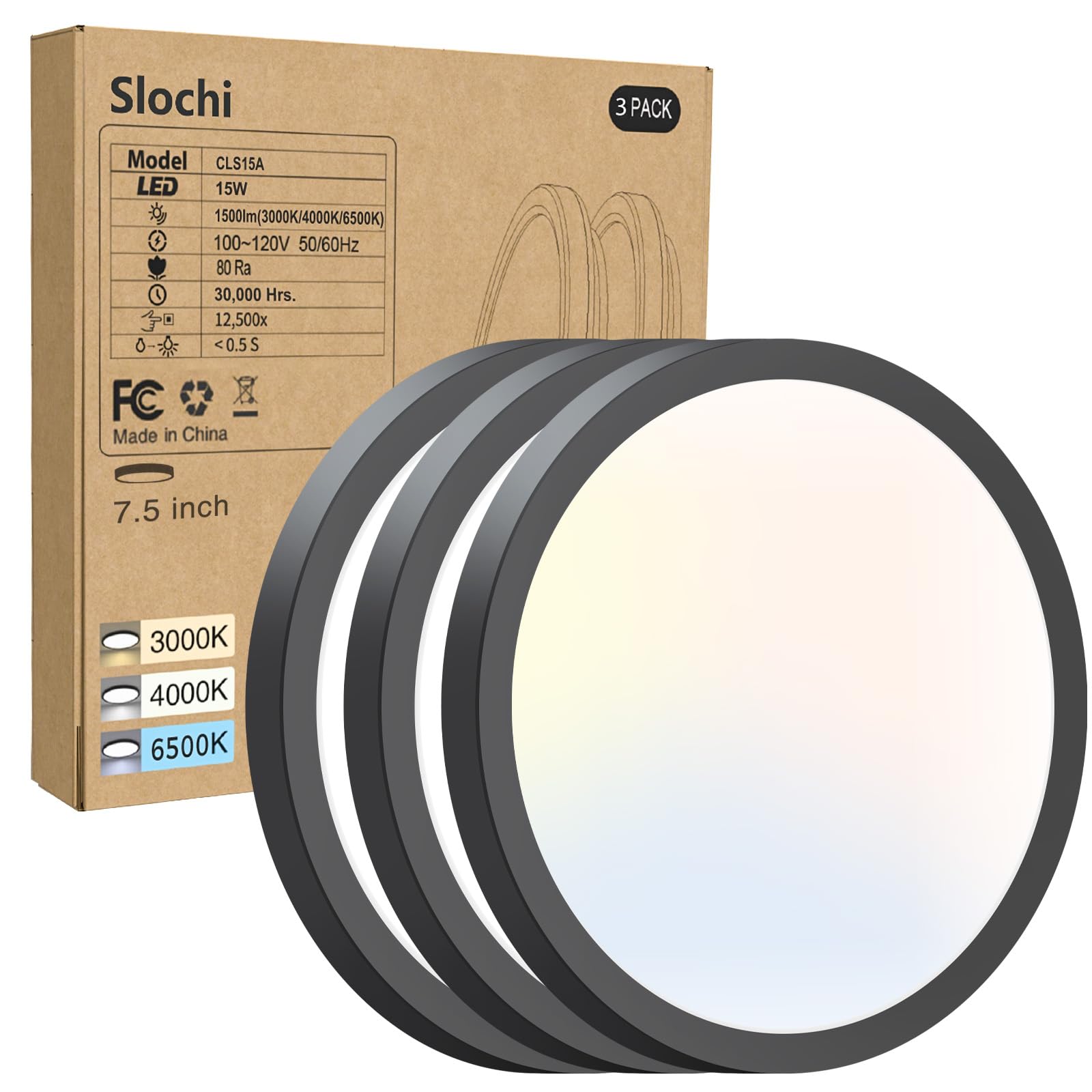 1PACK LED Flush Mount Ceiling Light Fixture, 3000K-4000K-6500K & 100W Equivalent Modern Kitchen Ceiling Lamp 15W 1500Lm 7.5 Inch Closet Round Surface for Bathroom Laundry Bedroom Hallway, Black