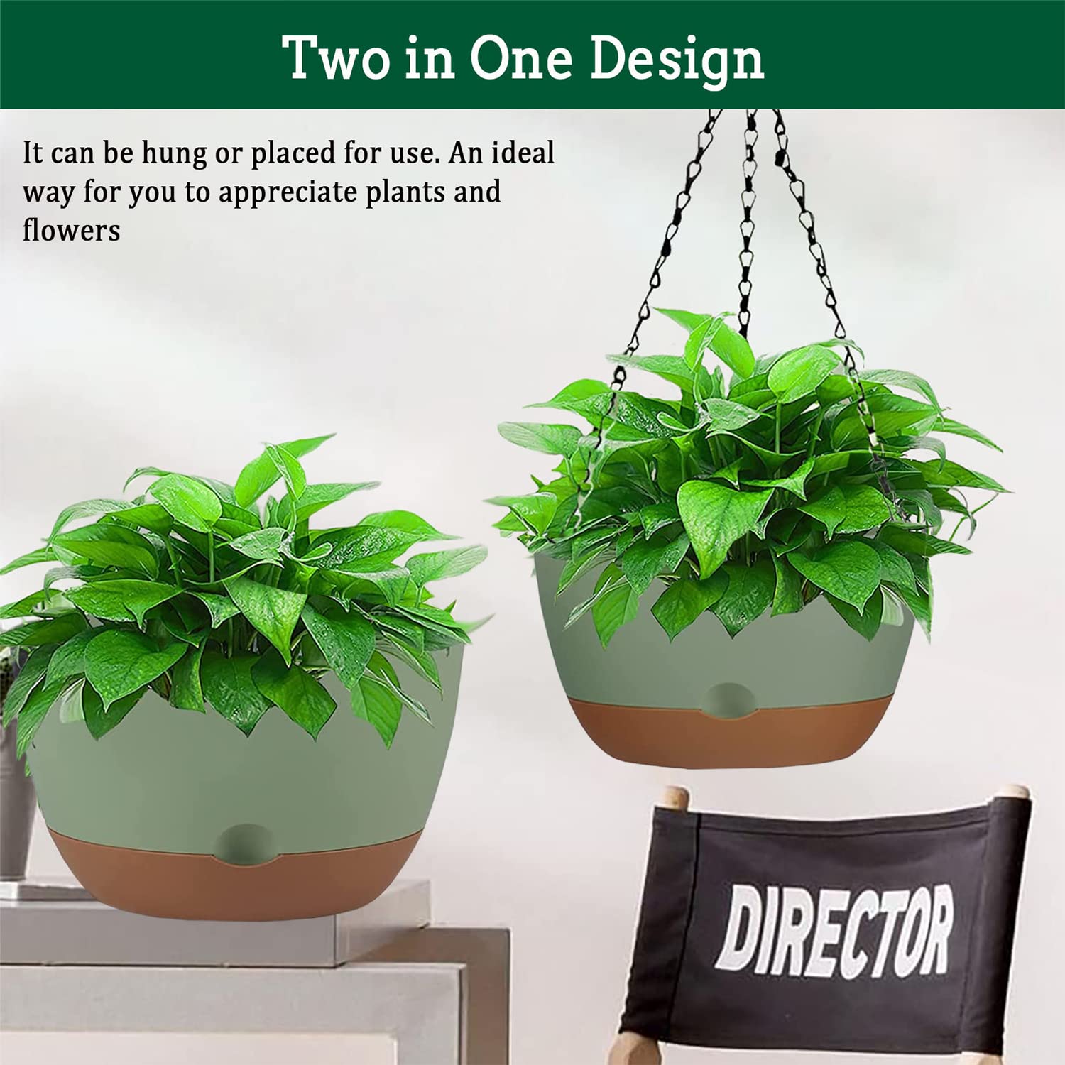 Koalaime Hanging Planter Self Watering 10 Inch, 2 Pack Indoor Outdoor Hanging Baskets, Hanging Flower Pots with Drainage Hole & 2 Kinds of Plant Hangers for Garden Home Decor(Green)…