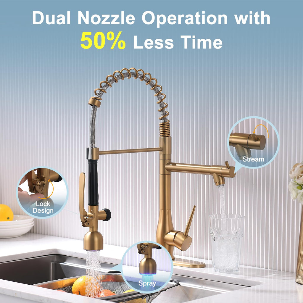 GIMILI Black and Gold Kitchen Faucet with Pull Down Sprayer Single Handle High Pressure Kitchen Sink Faucet Commercial Double-Headed Stainless Steel Kitchen Faucets