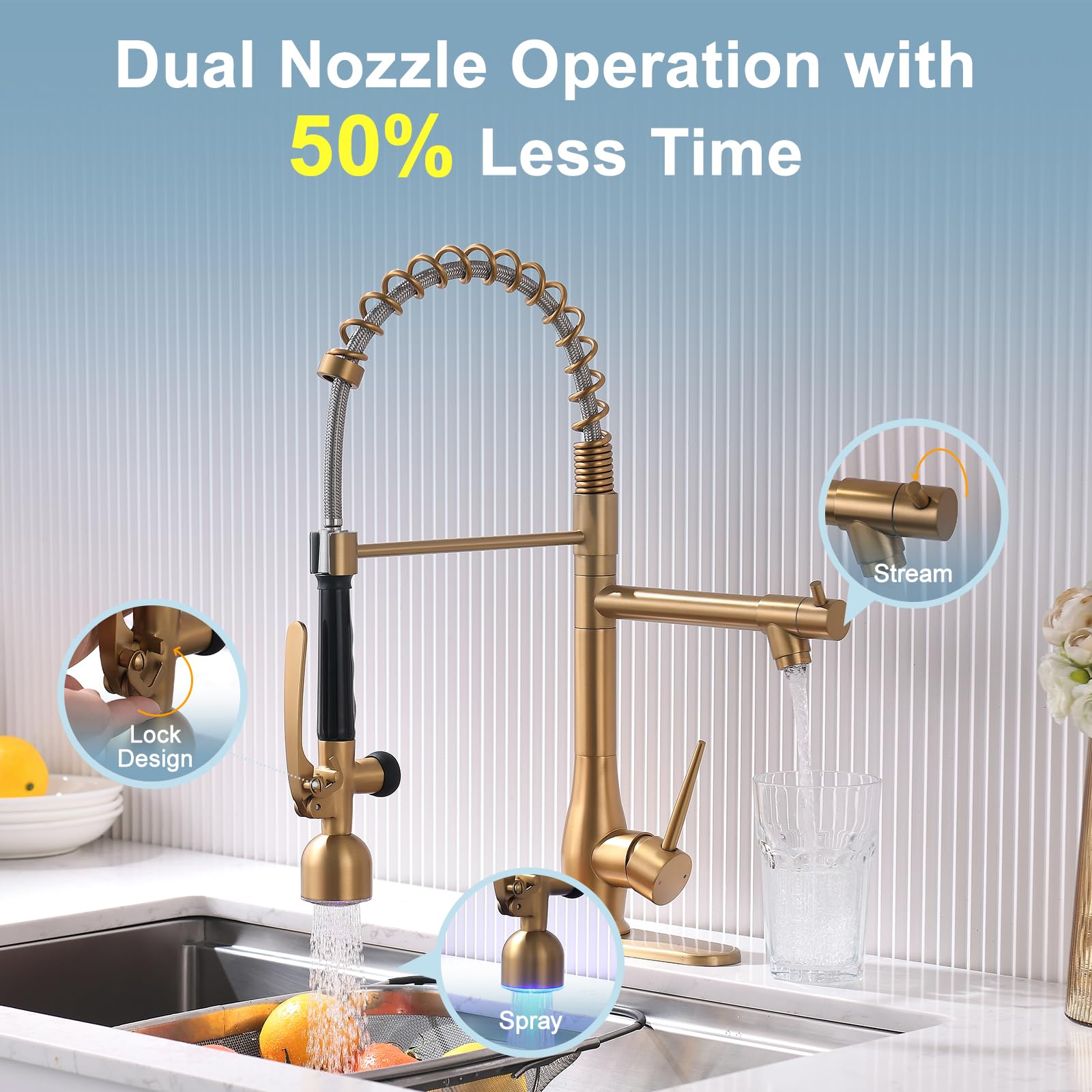 GIMILI Black and Gold Kitchen Faucet with Pull Down Sprayer Single Handle High Pressure Kitchen Sink Faucet Commercial Double-Headed Stainless Steel Kitchen Faucets
