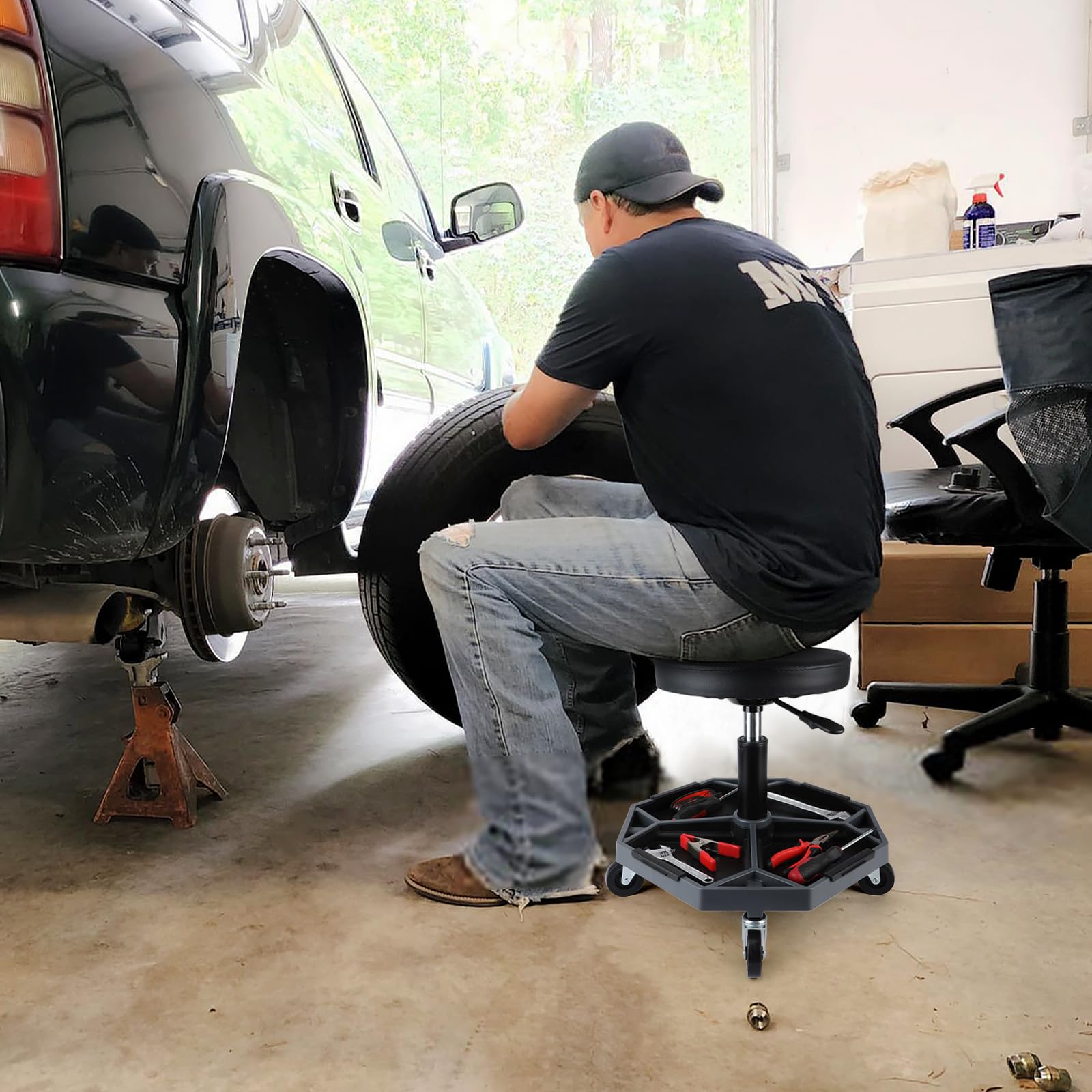 Olympia Tools Adjustable Hydraulic Rolling Mechanics Stool with with Removable Tool Tray, 300lbs Max Weight Capacity, 419-110-1002