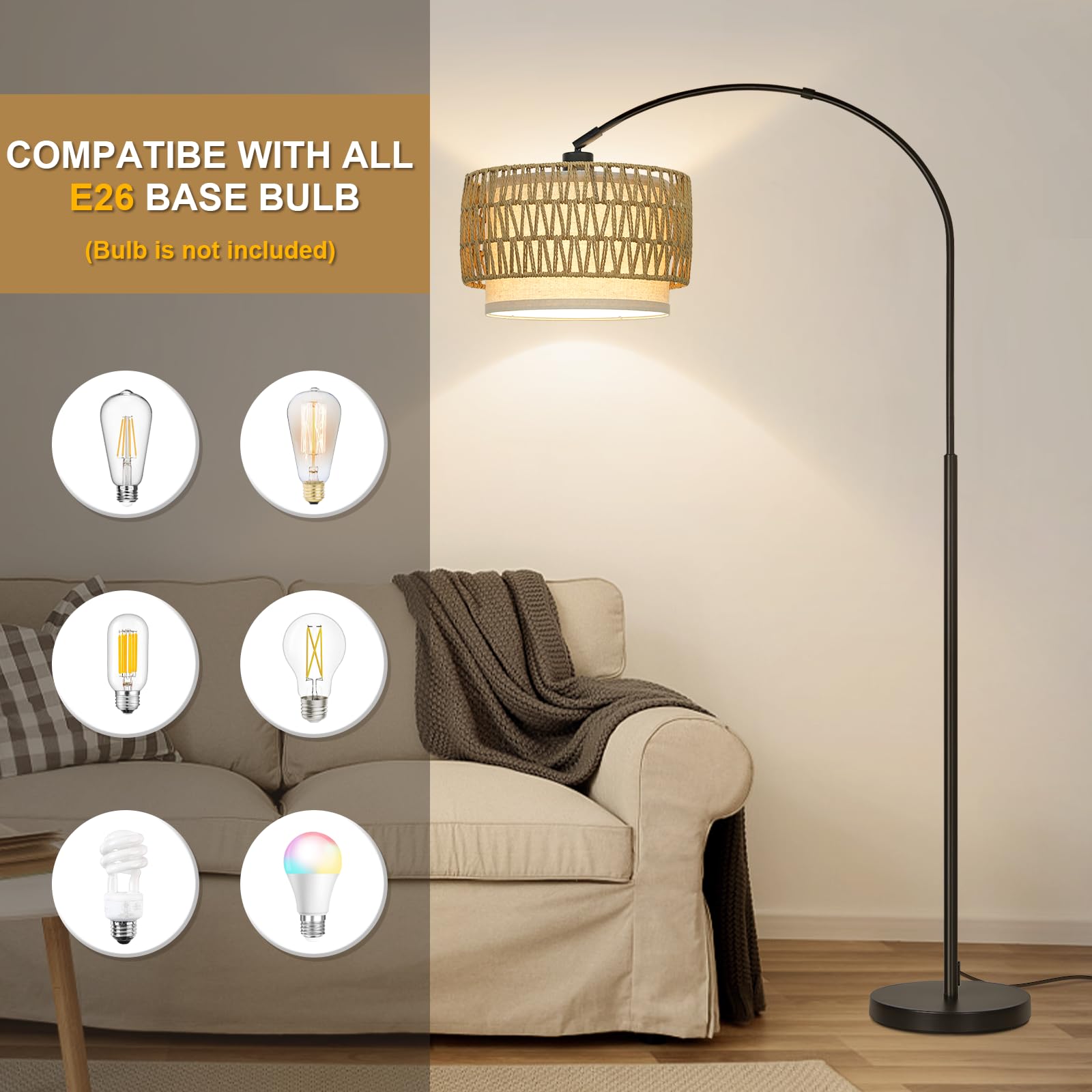 Rattan Floor Lamp, Arc Floor Lamps for Living Room, Farmhouse Standing Lamp with Adjustable Hanging Fabric Shade, Tall Pole Lamp with Foot Switch, Over Couch Arched Reading Light for Bedroom, Office