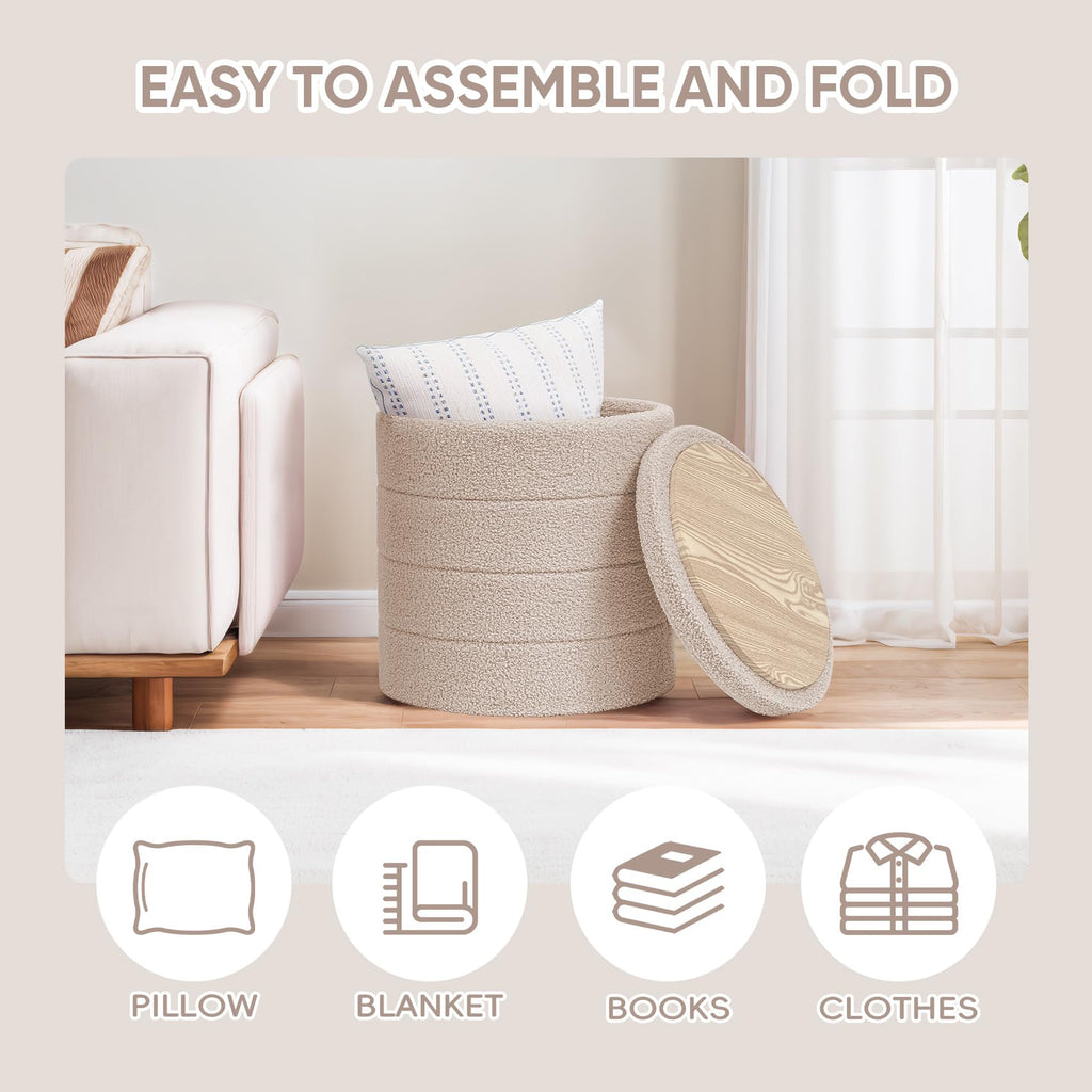 PINPLUS Round Storage Ottoman Foot Rest Stool with Tray Velvet Sherpa Folding Storage Ottoman,Boucle Foot Rest for Living Room, Bedroom, Dorm（Beige）