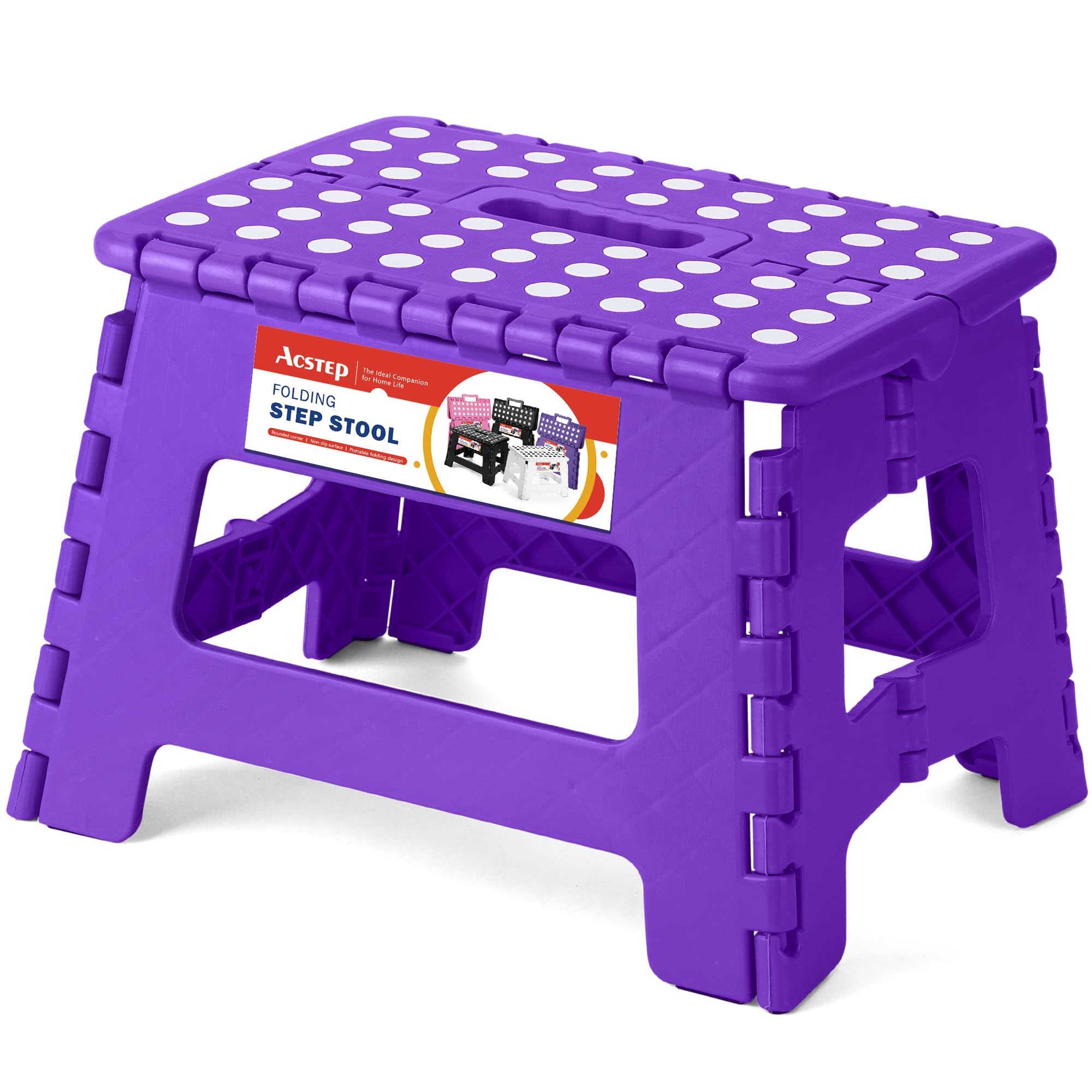 ACSTEP 9 Inch Folding Step Stool 300 LB Capacity Plastic Foldable Step Stools for Kids and Adults, Folding Stool Suitable for Kitchen, Stepping Stool with Handle Bicolor Green Small Step Stool 1PC