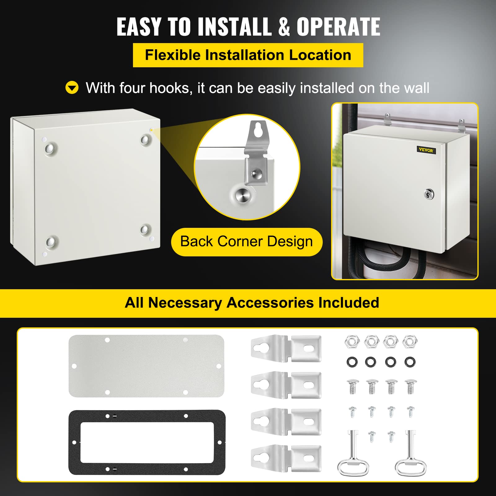 VEVOR NEMA Steel Enclosure, 8" x 8" x 6" NEMA 4X Steel Electrical Box, IP66 Waterproof & Dustproof, Outdoor/Indoor Electrical Junction Box, with Mounting Plate