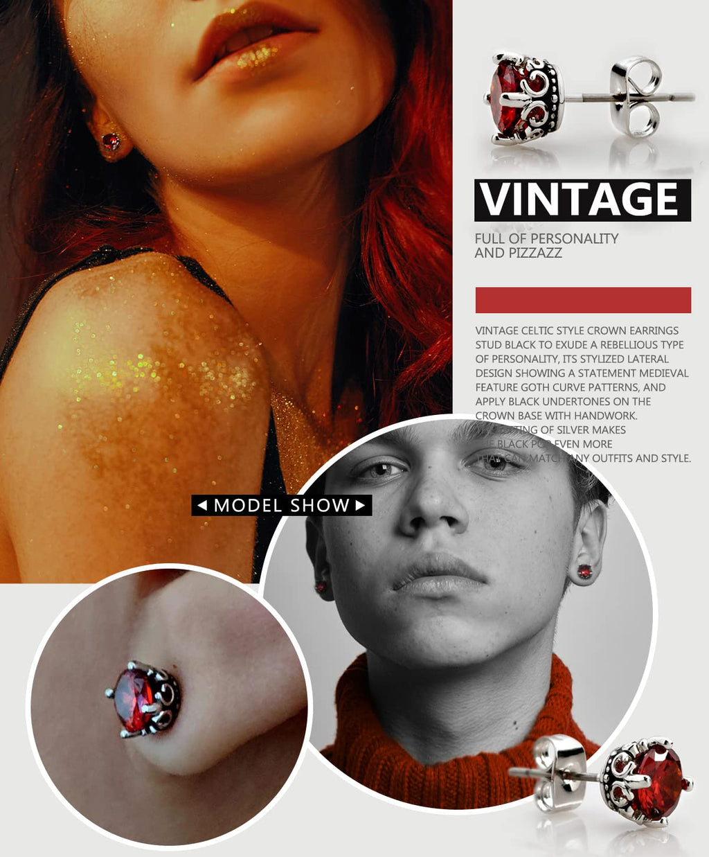 Retro Dark Shadow Stud Earrings, Hypoallergenic Stainless Steel Cubic Zirconia Earrings
