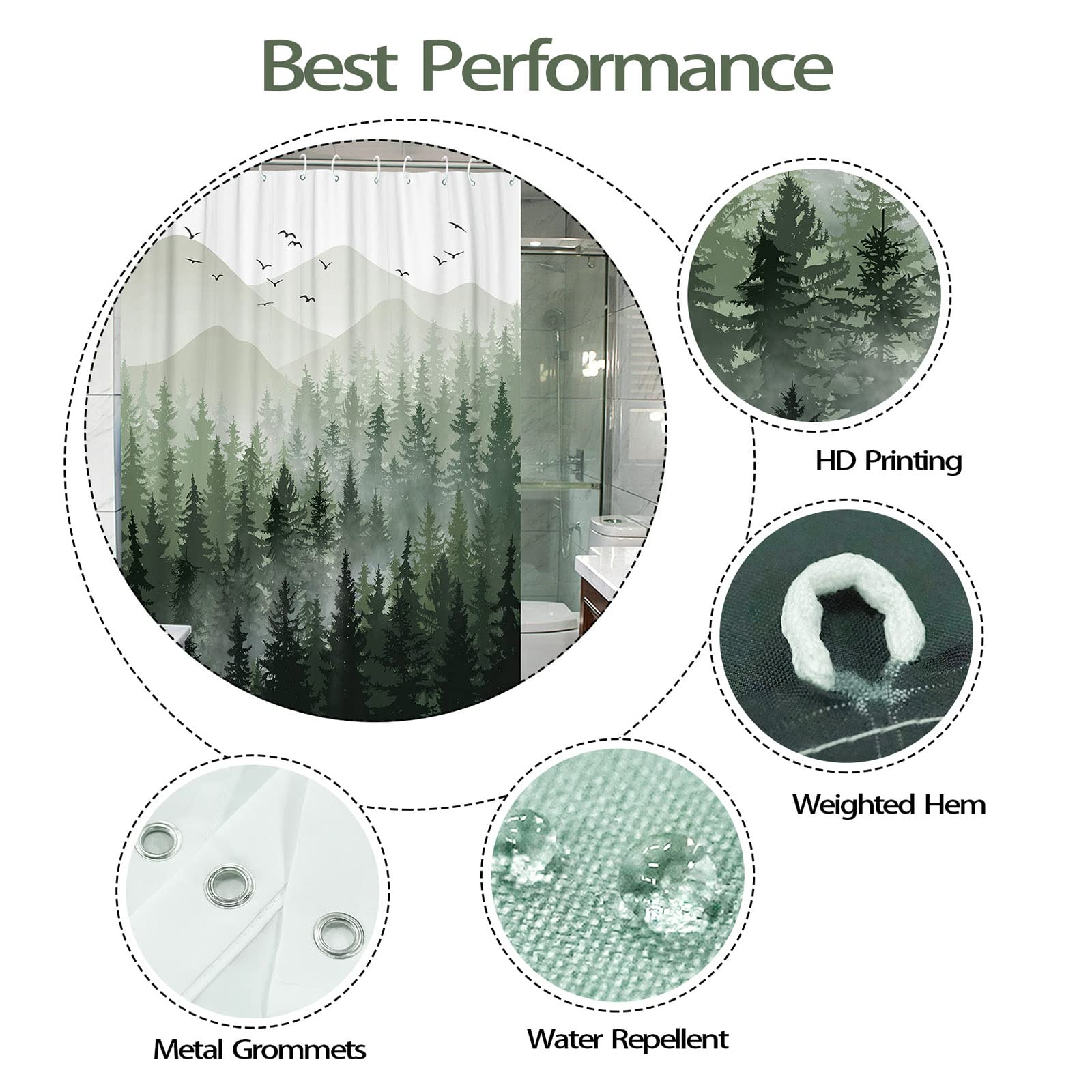 Stall Small Black and White Misty Forest Shower Curtain Ombre Gray Grey Mountain Pine Tree Waterproof Fabric Shower Curtains for Bathroom Nature Woodland Decorative Bath Curtain Decor 36×72 Inches