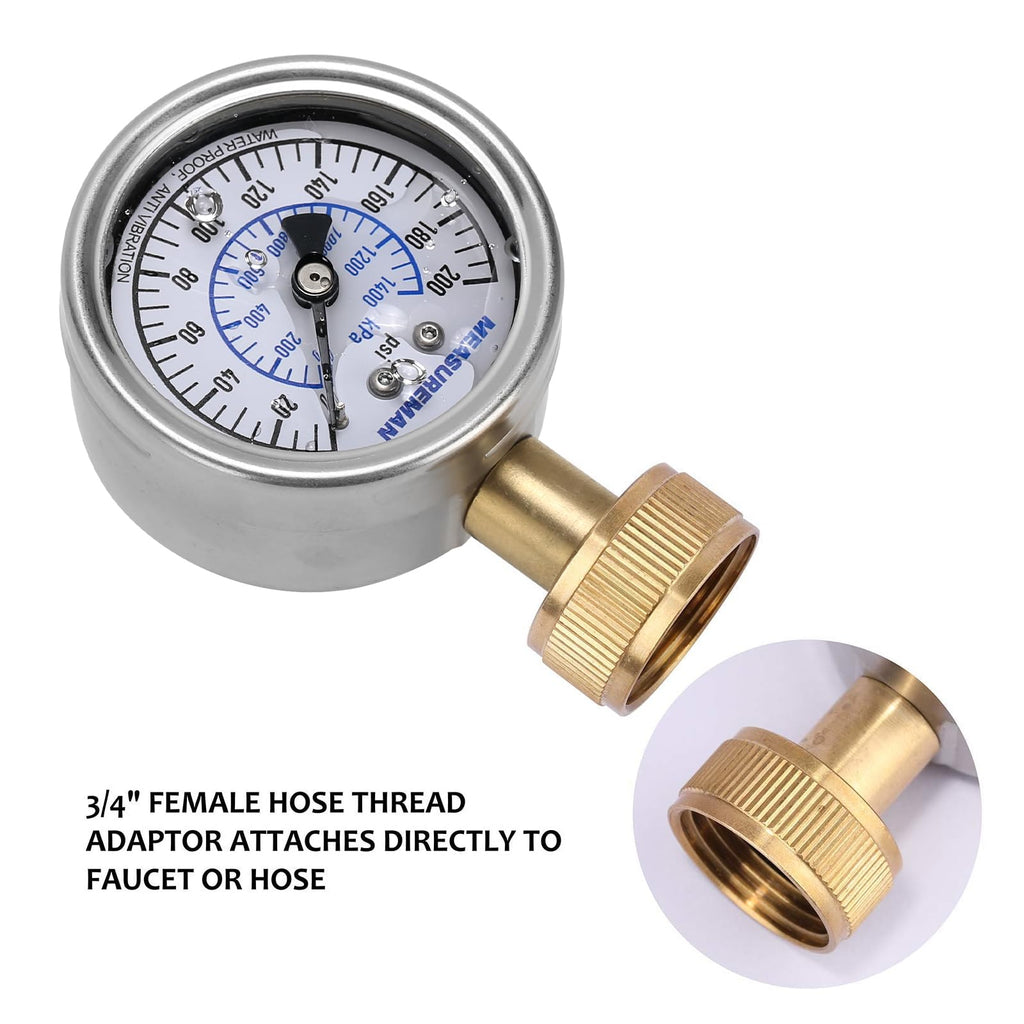 MEASUREMAN 2" Water Pressure Test Gauge, 3/4" Female Hose Thread, 0-200 psi/kpa with Maximum Pressure Memory (Pack of 2)