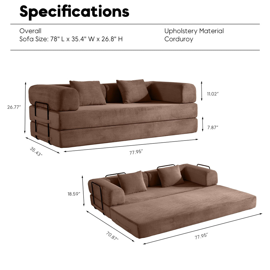 ZEIINPA 59“ Convertible Floor Sofa Bed, 5-in-1 Futon Sofa Bed Pull Out Sleeper Couch, Modern Corduroy Compressed Loveseat, Modular Boneless Couches for Living Room, No Assembly Required, Beige