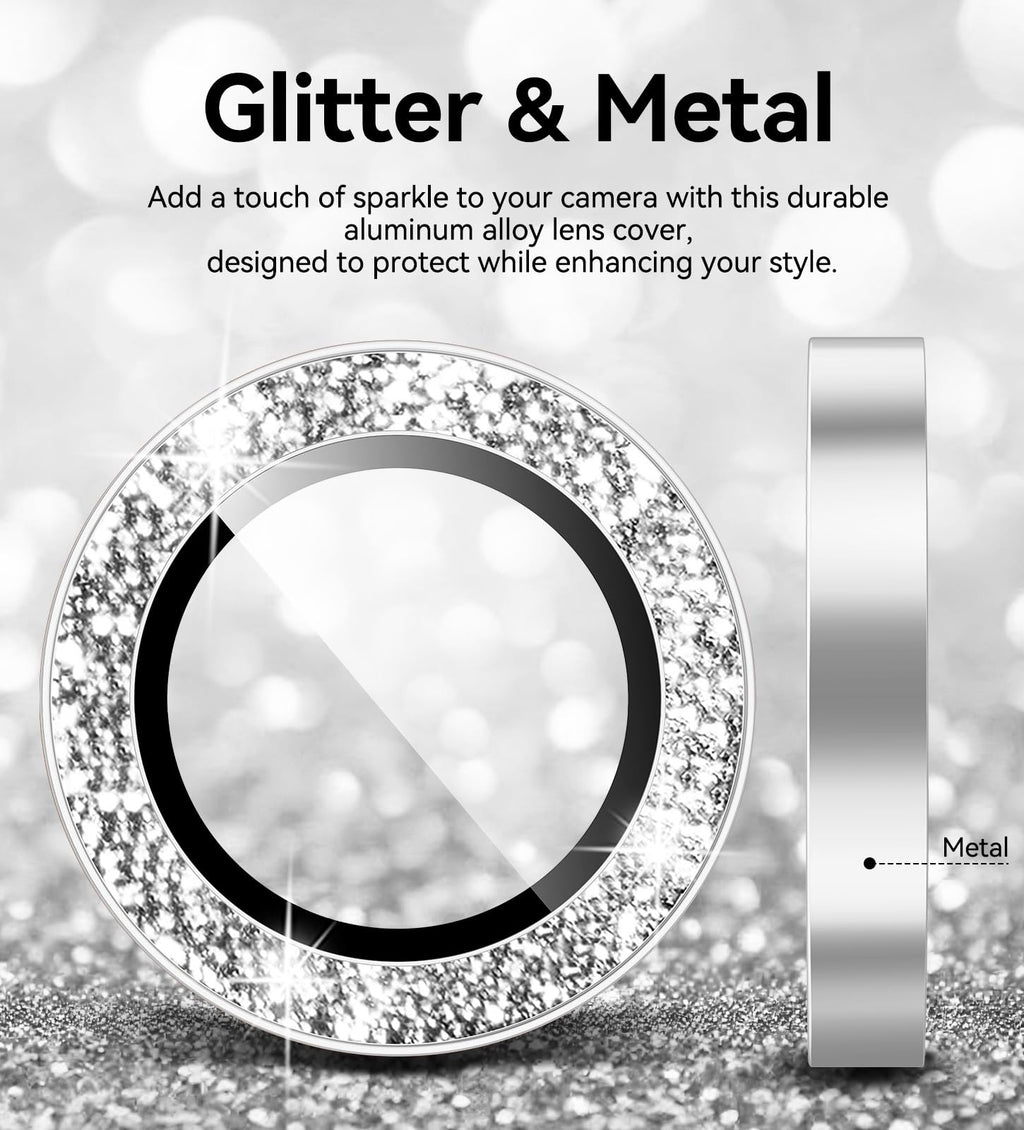 Matekxy Glitter Camera-Lens Protector for iPhone-16 Pro-Max - 16 Pro Anti-Scratch Tempered Glass with Aluminum Edging, Cute Girly Metal Individual Bling Ring Cover for Women, Black Titanium
