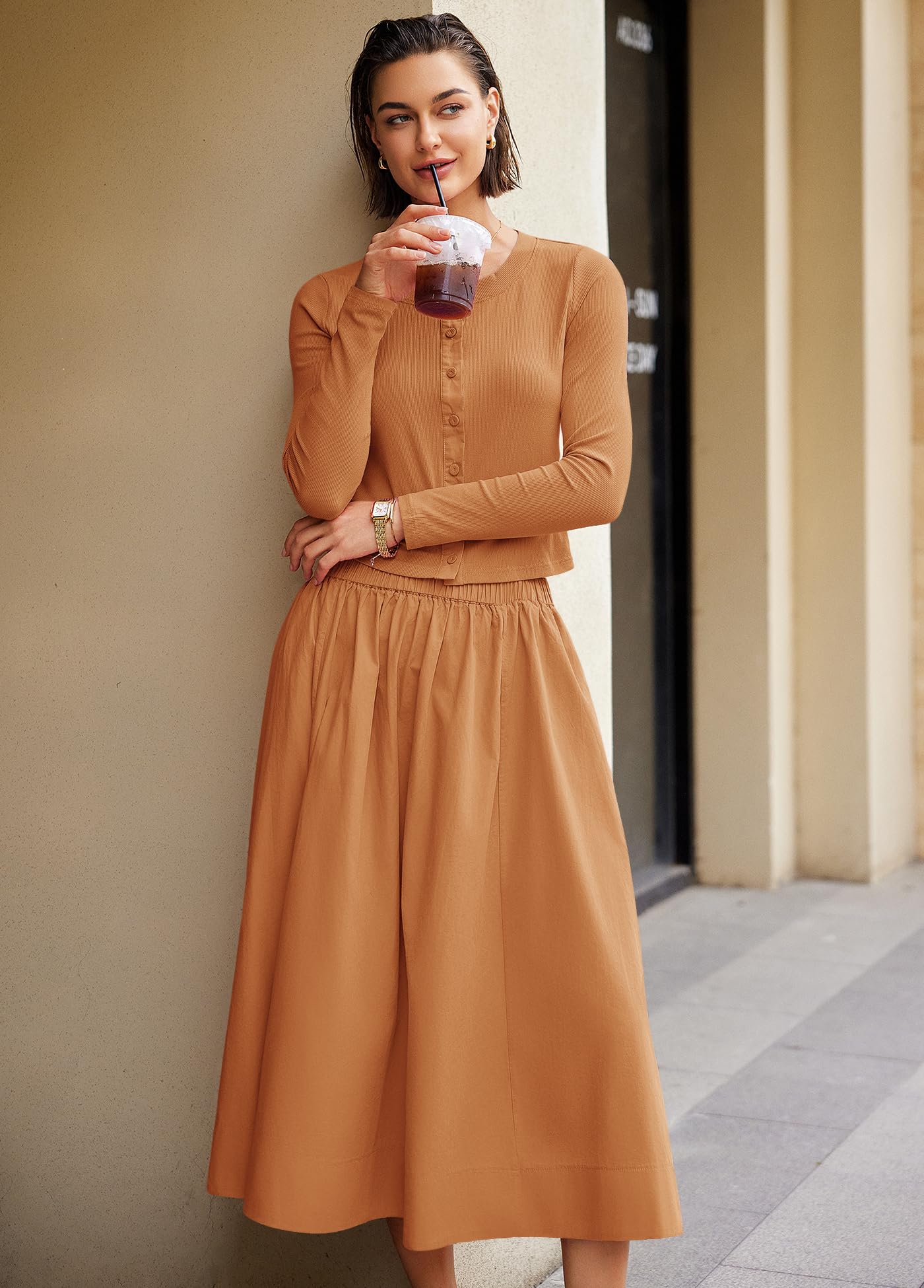 Panadila Womens 2 Piece Lounge Sets Matching Vacation Outfits Ribbed Button Down Cardigan and Elastic Waist Skirt Sets