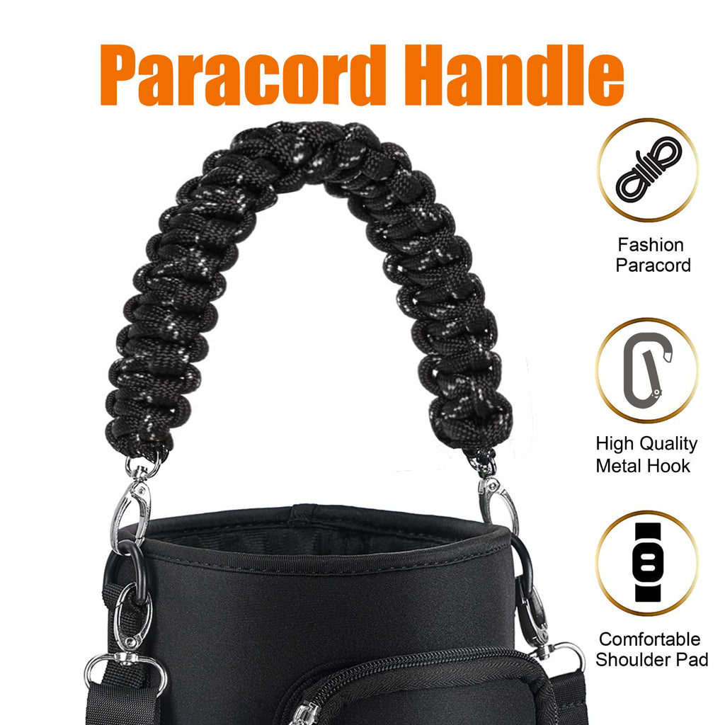 AceTreker 32/40/64/128 oz Neoprene Insulated Water Bottle Carrier Bag, Sling Bag Sleeve Pouch Holder with Strap & Paracord Handle and 2 Pocket for Travelling, Hiking, Camping
