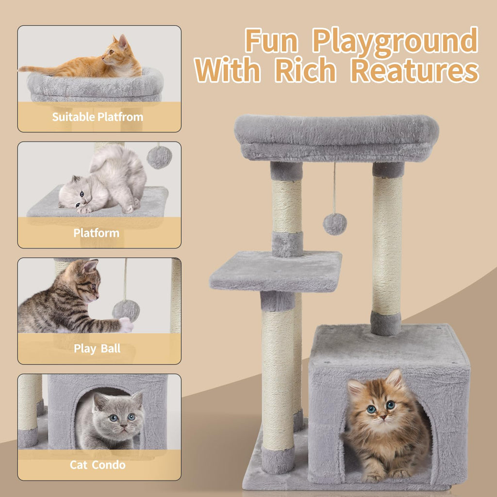 FISH&NAP Cute Cat Tree Kitten Cat Tower for Indoor Cat Condo Sisal Scratching Posts with Jump Platform Cat Furniture Activity Center Play House Beige