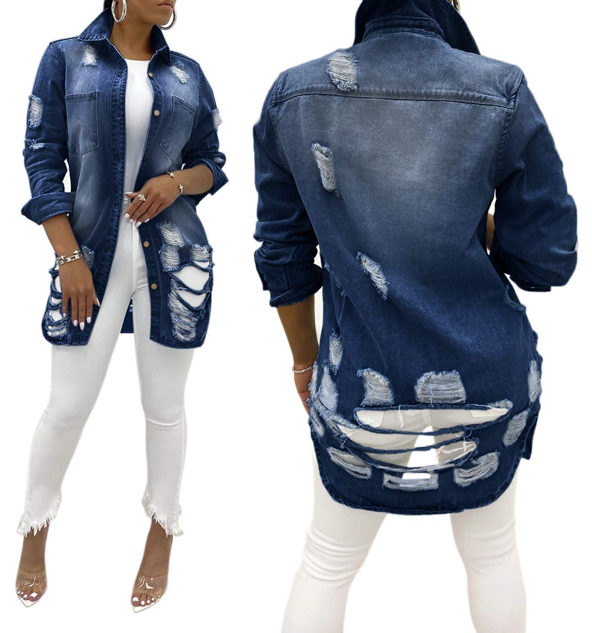 SeNight Women's Jean Jacket Long Sleeve Classic Distressed Fray Hem Tassels Denim Trucker Jackets