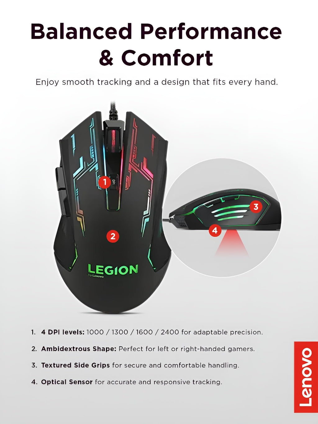 Lenovo Legion KM310 RGB Wired Gaming Keyboard & Mouse Combo - K310 Keyboard w/Silent Operation & Compact Water-Resistant Design - M300S Mouse with 8000 Adjustable DPI, 220 IPS, 6 Programmable Buttons