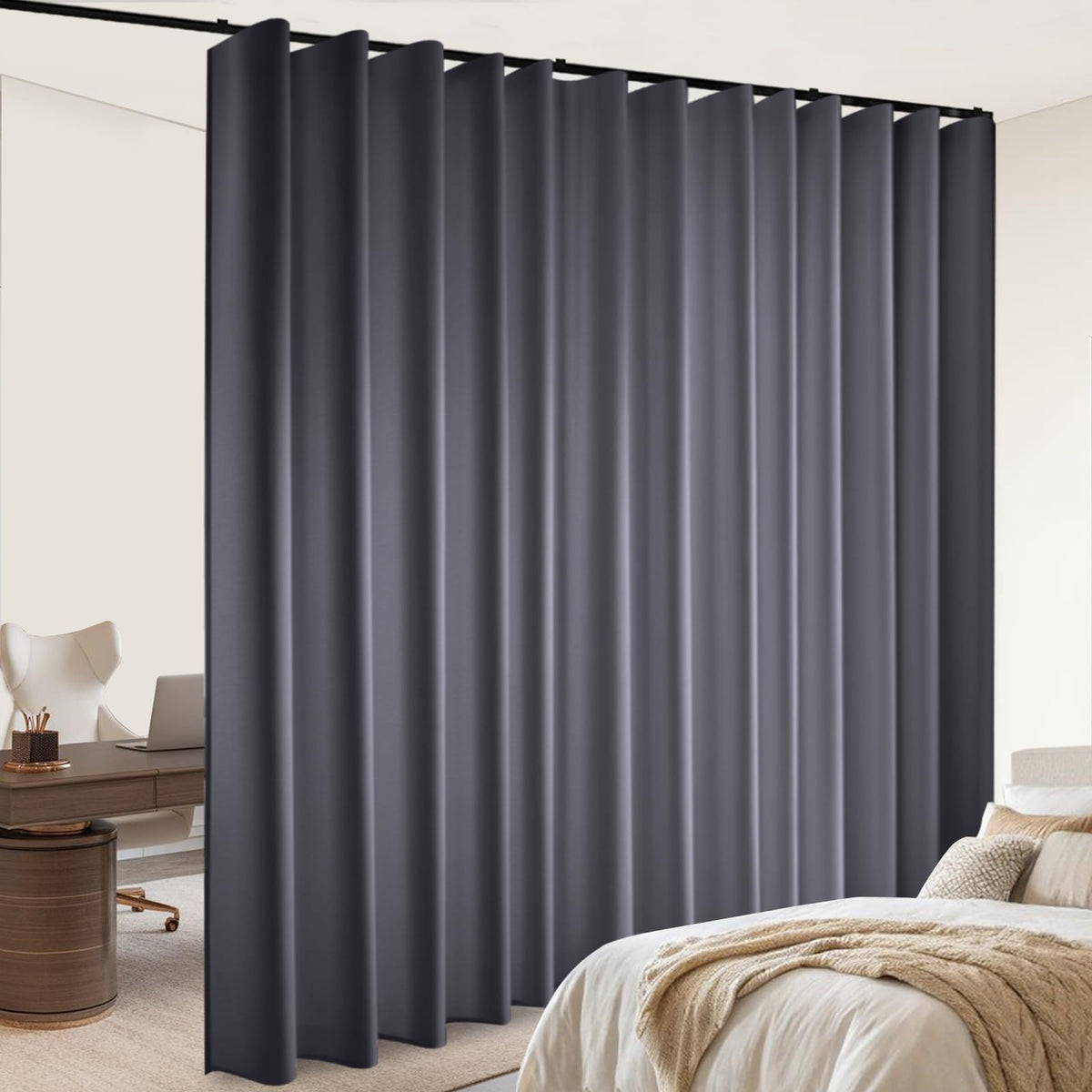 Room Divider Blackout Curtains Flexible Sliding Tracks Sets Ceiling Mounted Rod Window Curtain Privacy Separation for Bedroom Living Rooms,1 Panel Beige Drape and Black Track Set-W108xH72 in