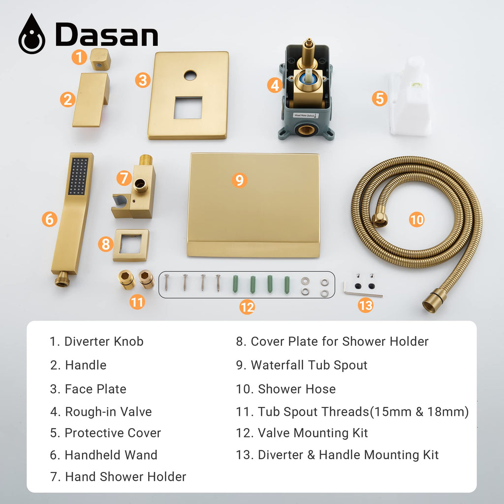 Upgraded Wall Mount Tub Filler Faucet with Handheld Shower, DASAN Modern Wall Mounted Bathtub Faucet Brushed Gold High Flow Waterfall Tub Faucet with Rough in Valve, SA-TF04WH-BG