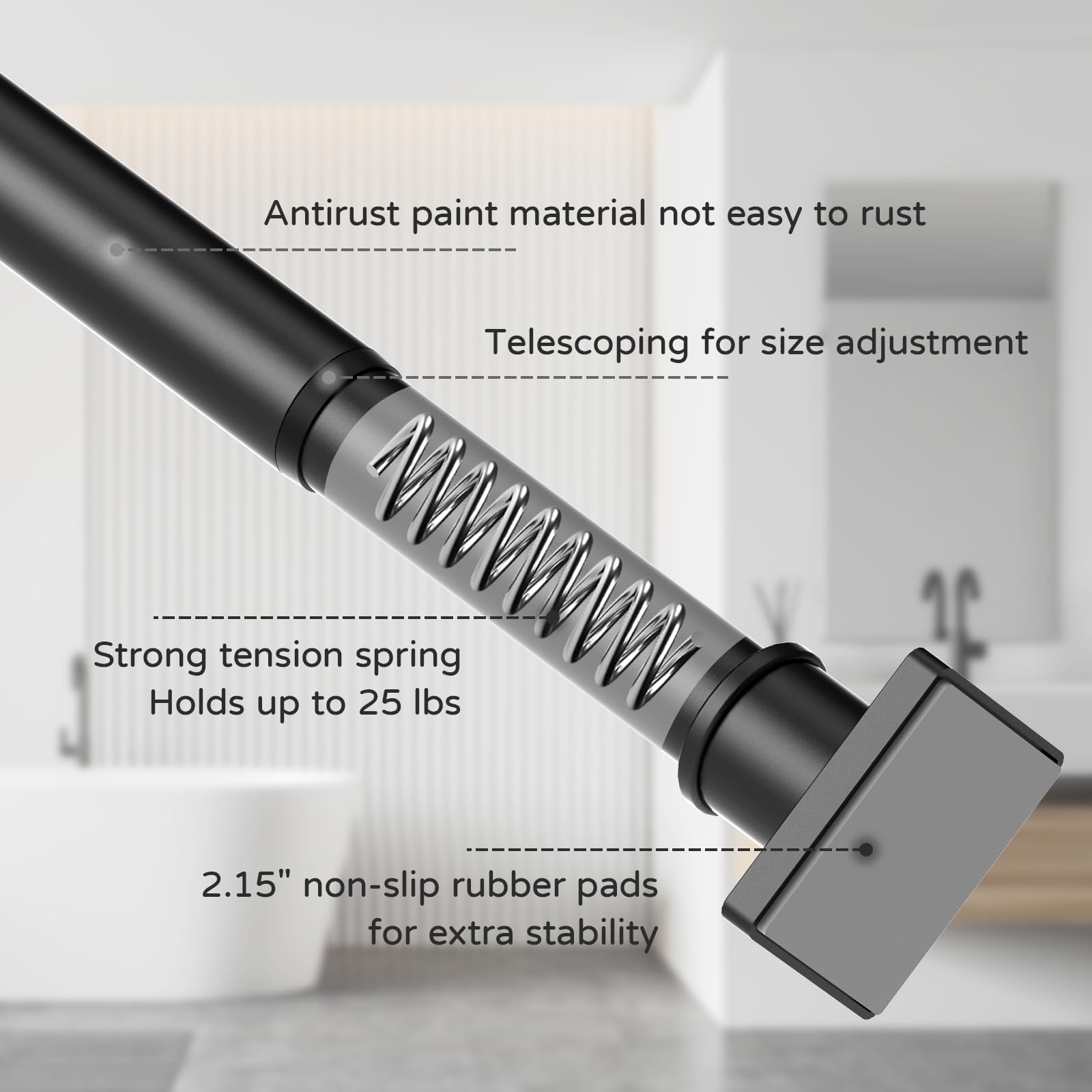 UIOSANRT Tension Shower Curtain Rod 31-55 Inches Non-Slip Shower Rod Tension Mounted No Drill Black Shower Curtain Rods Spring Tension Rod Adjustable Tension Curtain Rod for Windows Bathroom