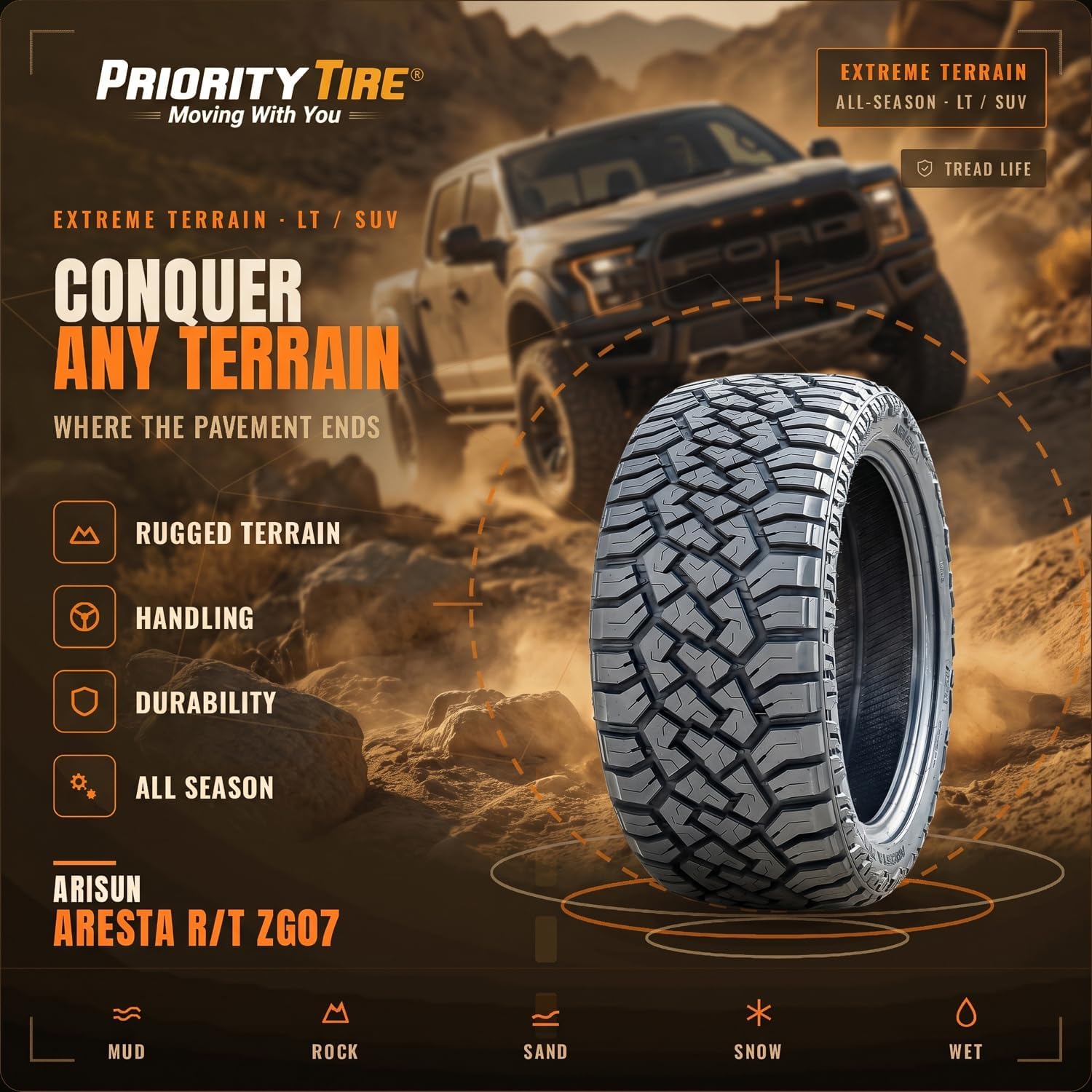 Arisun Aresta R/T ZG07 All-Terrain Mud Off-Road Light Truck Radial Tire-33X12.50R20LT 33X12.50X20 33X12.50-20 114Q Load Range E LRE 10-Ply BSW Black Side Wall