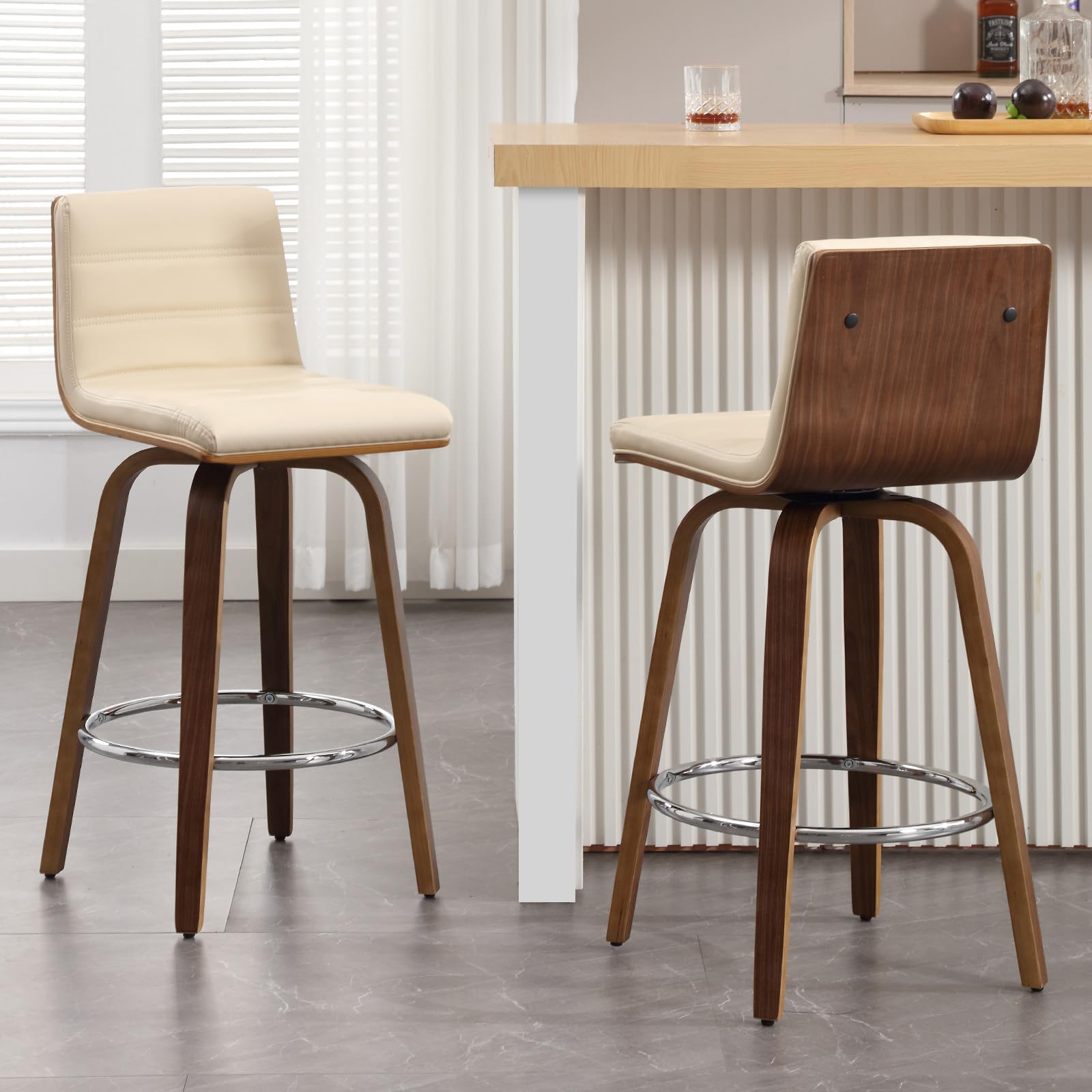 Bar Stools 29 Inch Bar Height, Swivel Bar Stools with Backs Upholstered PU Leather Barstool, L Shape Back and Padded Seat, Mid-Century Modern Bar Stool Pub Chairs for Kitchen Counter Island, Black