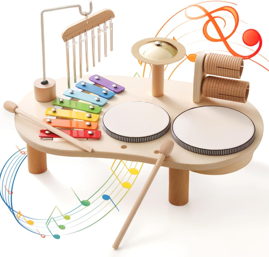 Wooden Drum Set for Toddlers 1-3, Musical Percussion Instruments for Kids Baby Drum Set Xylophone, Montessori Educational Musical Toys for Girls Boys Ages 3+
