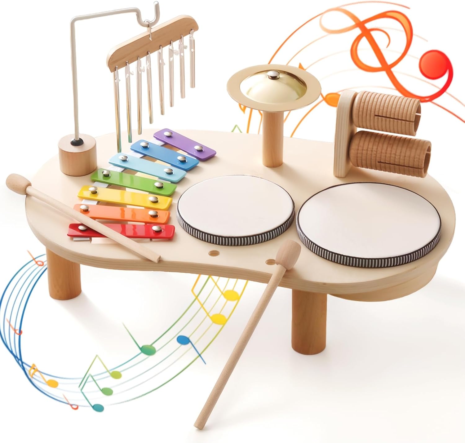 Wooden Drum Set for Toddlers 1-3, Musical Percussion Instruments for Kids Baby Drum Set Xylophone, Montessori Educational Musical Toys for Girls Boys Ages 3+