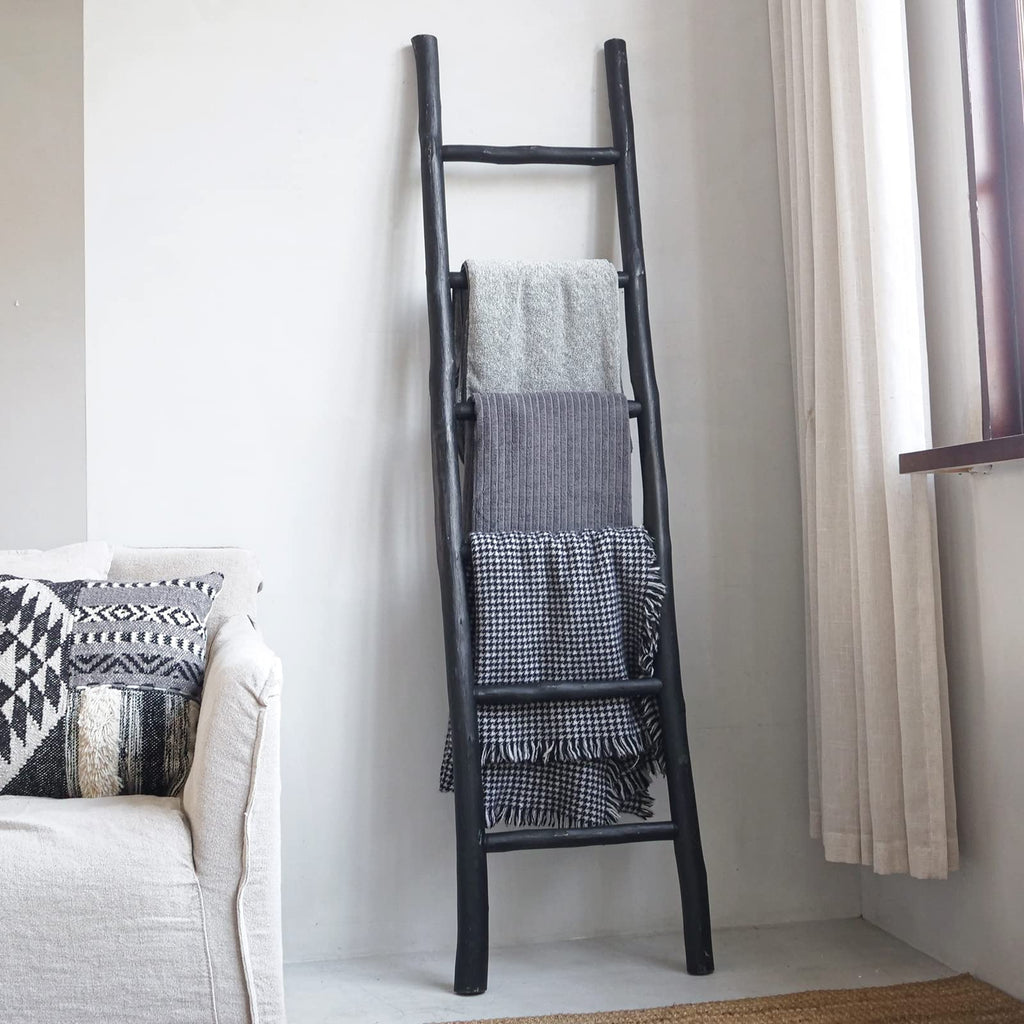 FUIN 57in Wood Blanket Ladder Living Room Decorative Wall Leaning Farmhouse Quilt Display Holder Rustic Wooden Towel Rack for Bathroom, Black