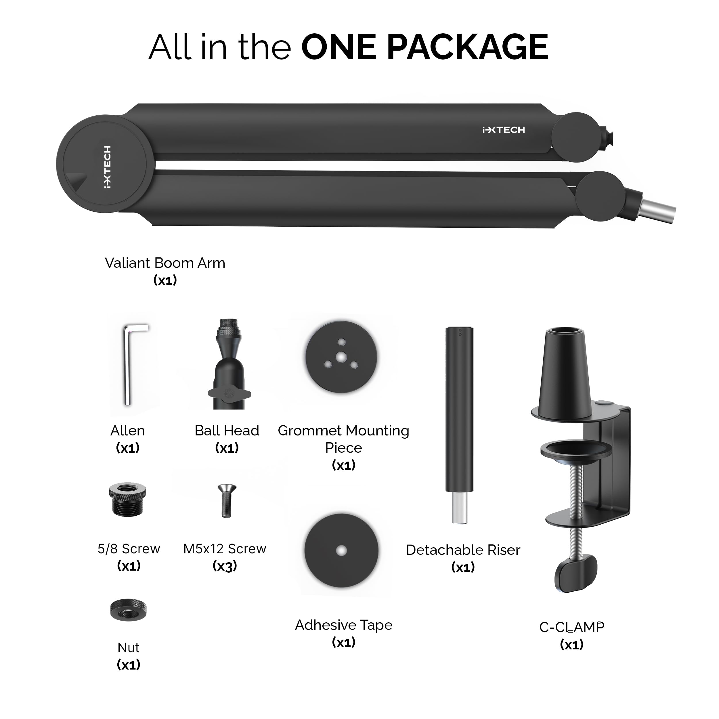 IXTECH Premium Microphone Boom Arm with Desk Mount, 360° Rotatable, Fully Adjustable, for Podcast, Video, Gaming, Radio, Studio, Recording, Sturdy and Universal VALIANT Model
